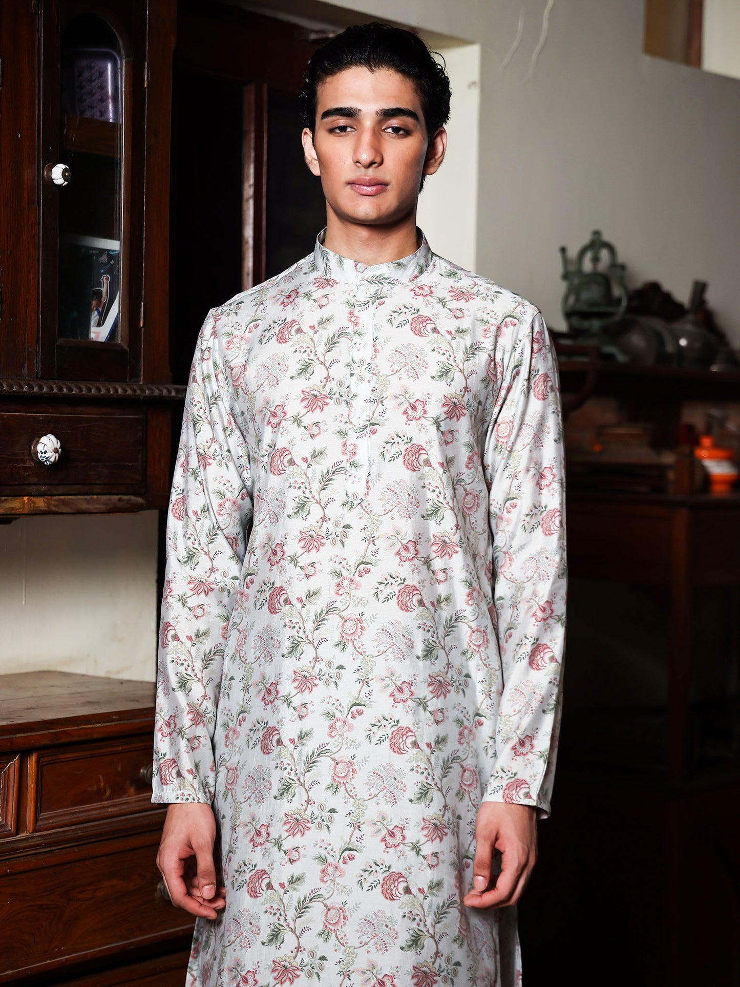 Vali Powder Blue Printed Chanderi Kurta Set