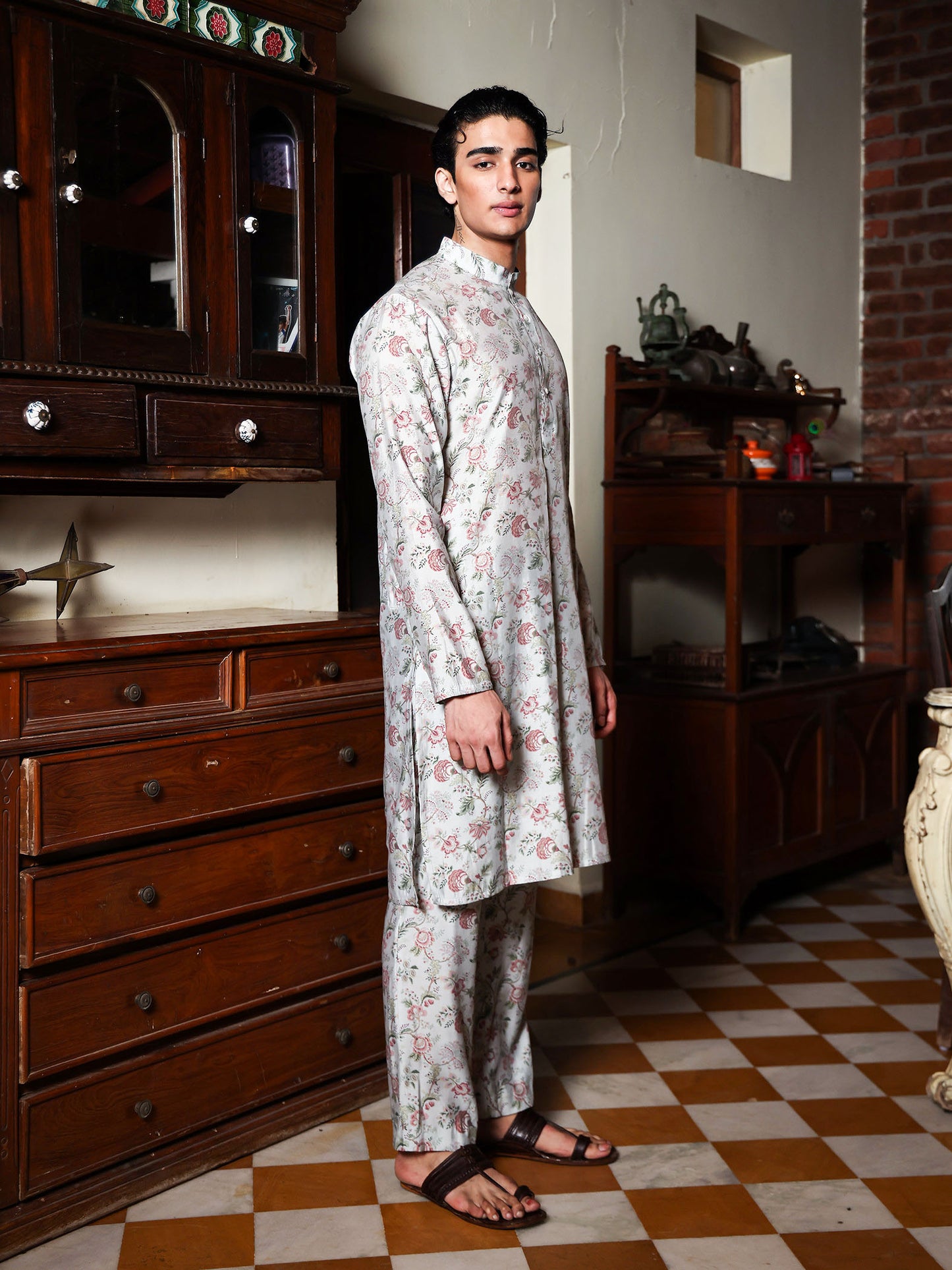 Vali Powder Blue Printed Chanderi Kurta Set