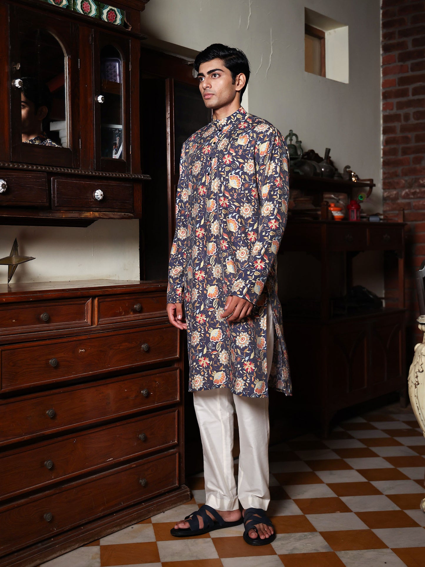 Samarth Dark Blue Printed Chanderi Kurta Set