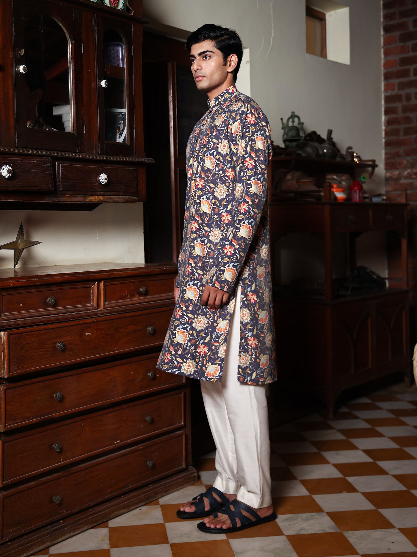 Samarth Dark Blue Printed Chanderi Kurta Set
