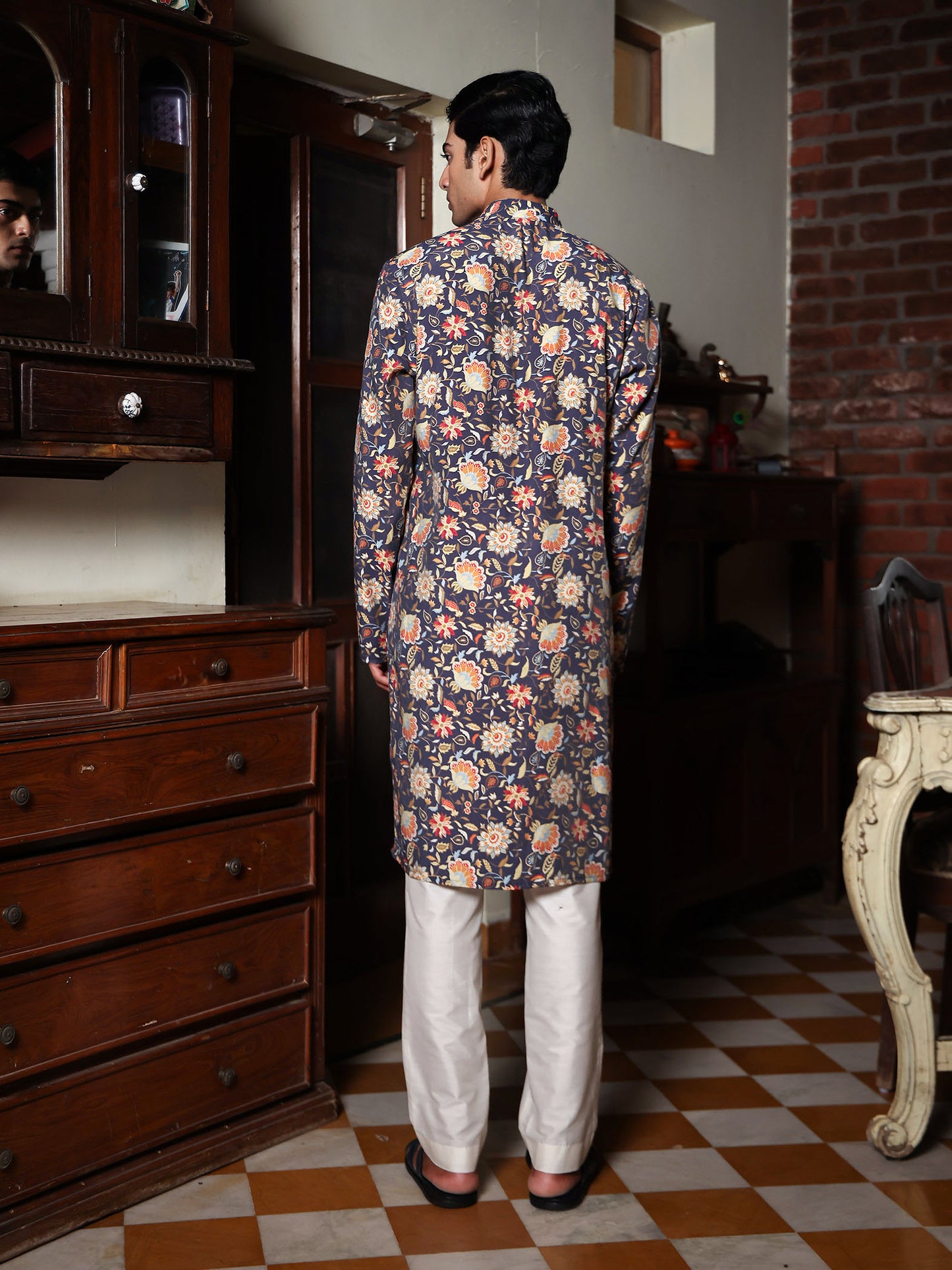 Samarth Dark Blue Printed Chanderi Kurta Set