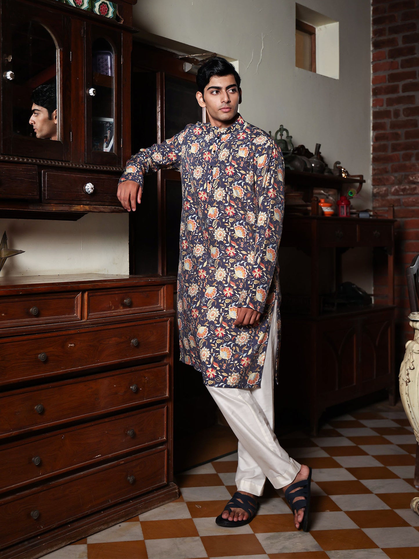 Samarth Dark Blue Printed Chanderi Kurta Set
