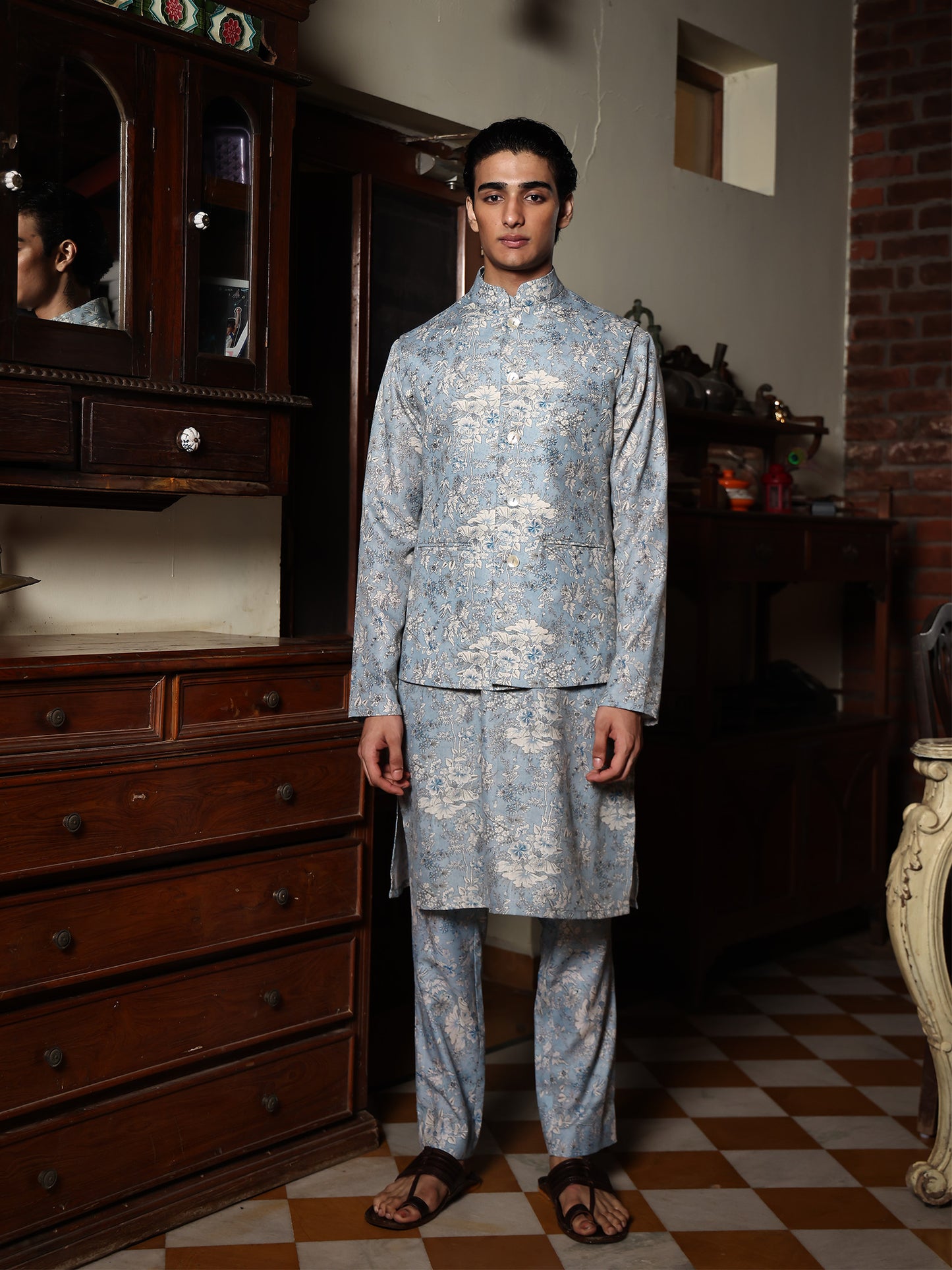 Shyamal Powder Blue Printed Cotton Bundi Set