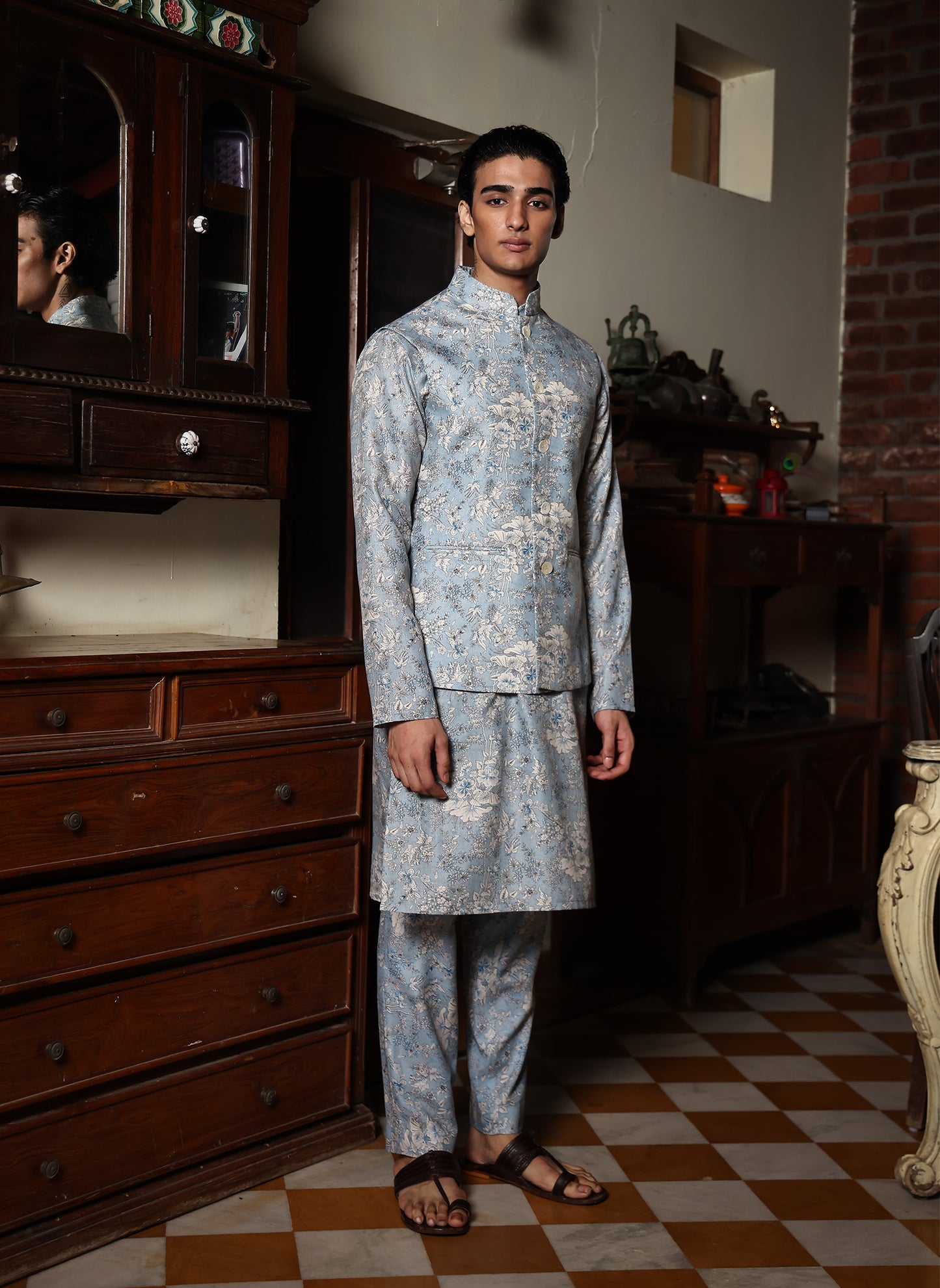 Shyamal Powder Blue Printed Cotton Bundi Set