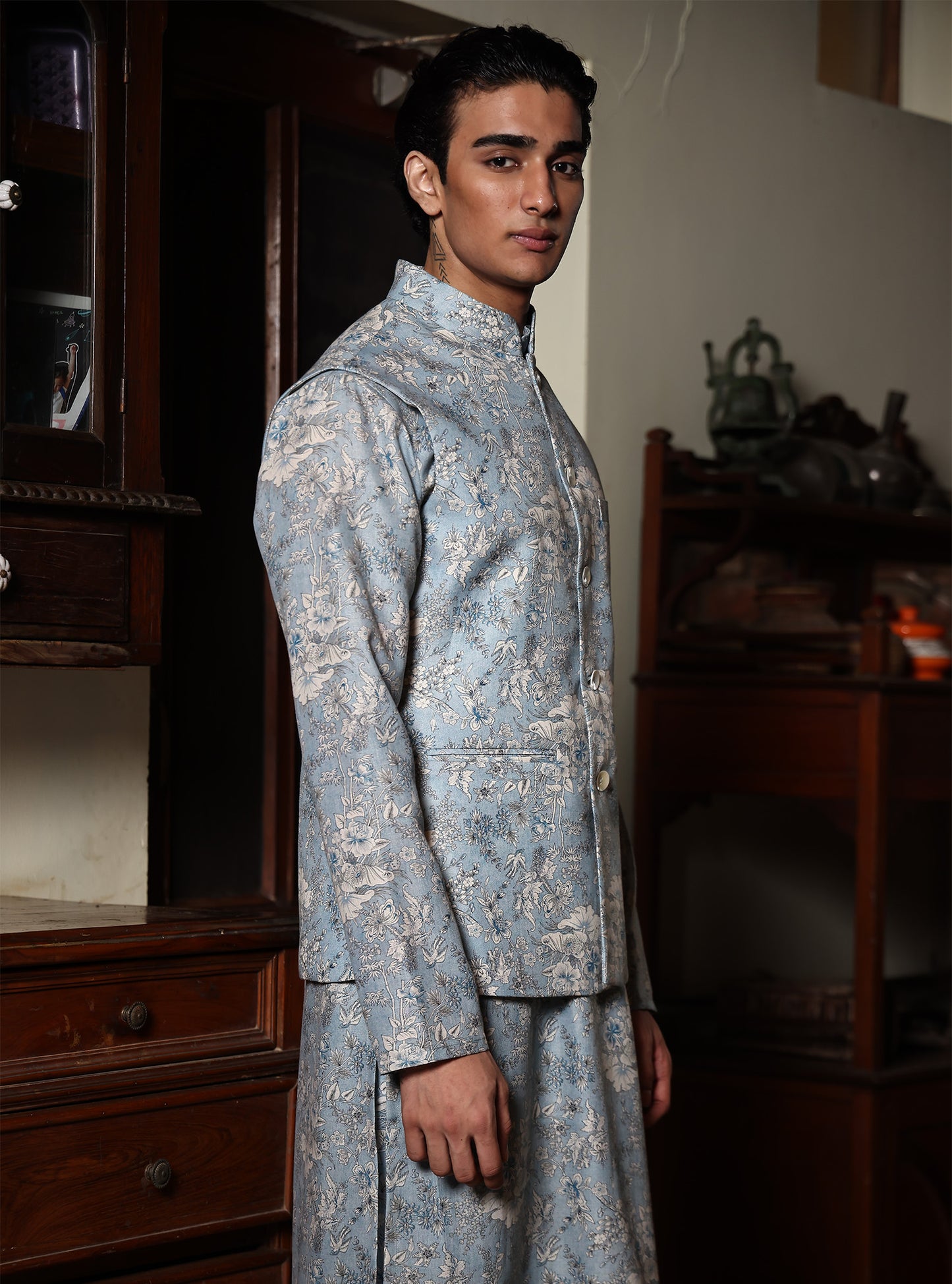 Shyamal Powder Blue Printed Cotton Bundi Set