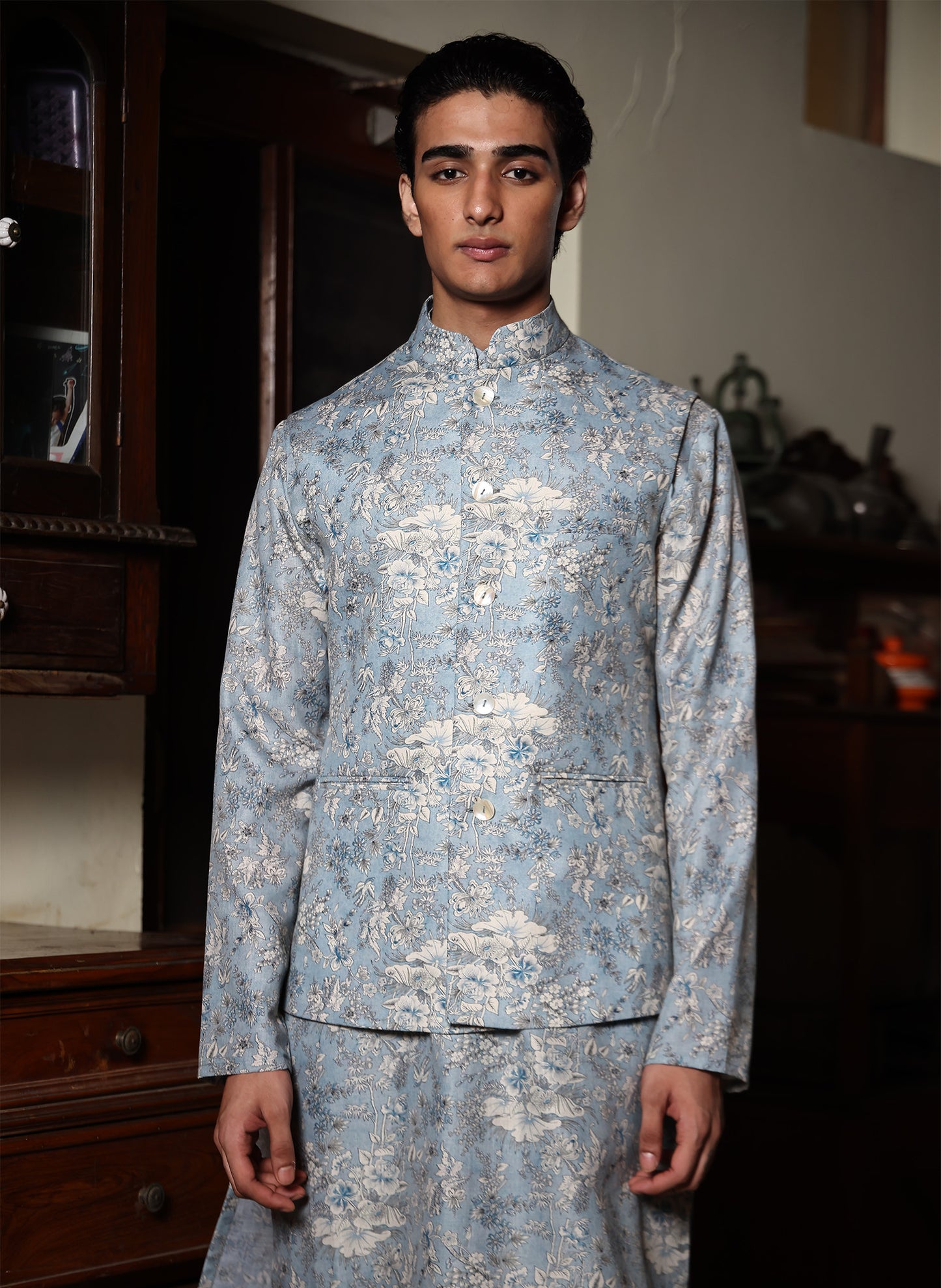 Shyamal Powder Blue Printed Cotton Bundi