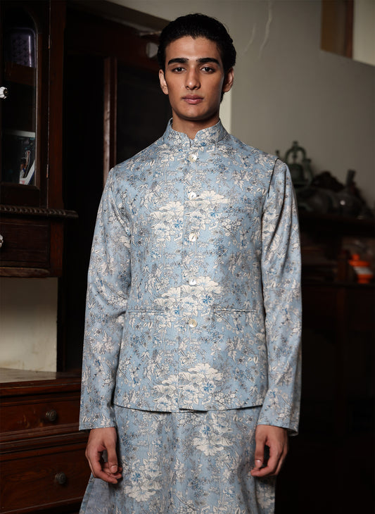 Shyamal Powder Blue Printed Cotton Bundi