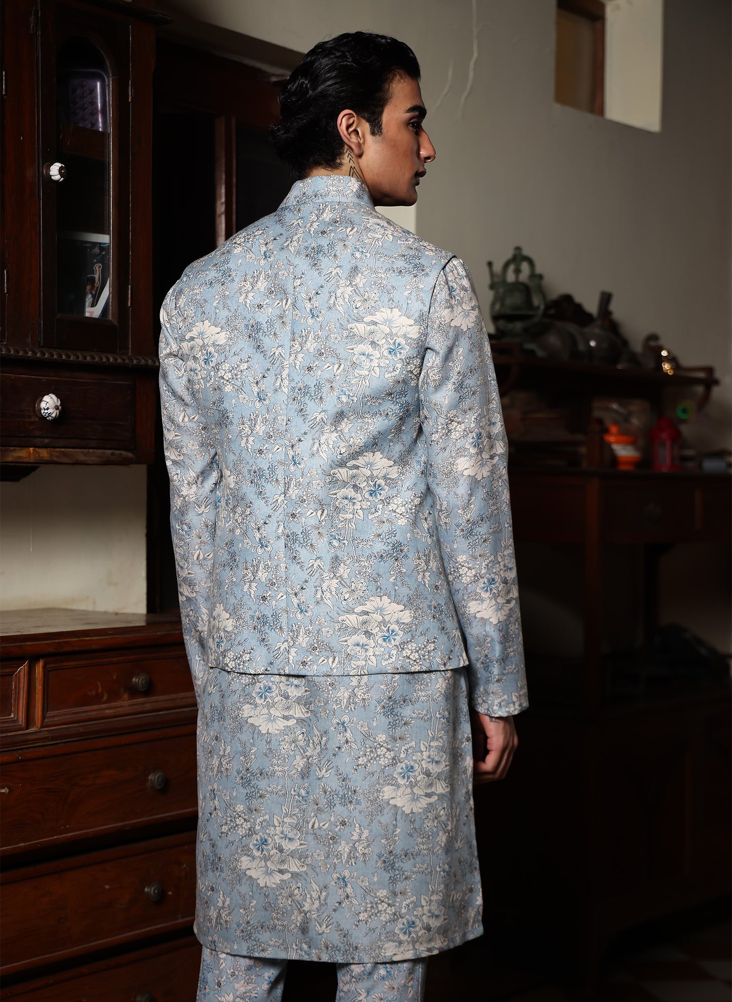 Shyamal Powder Blue Printed Cotton Bundi