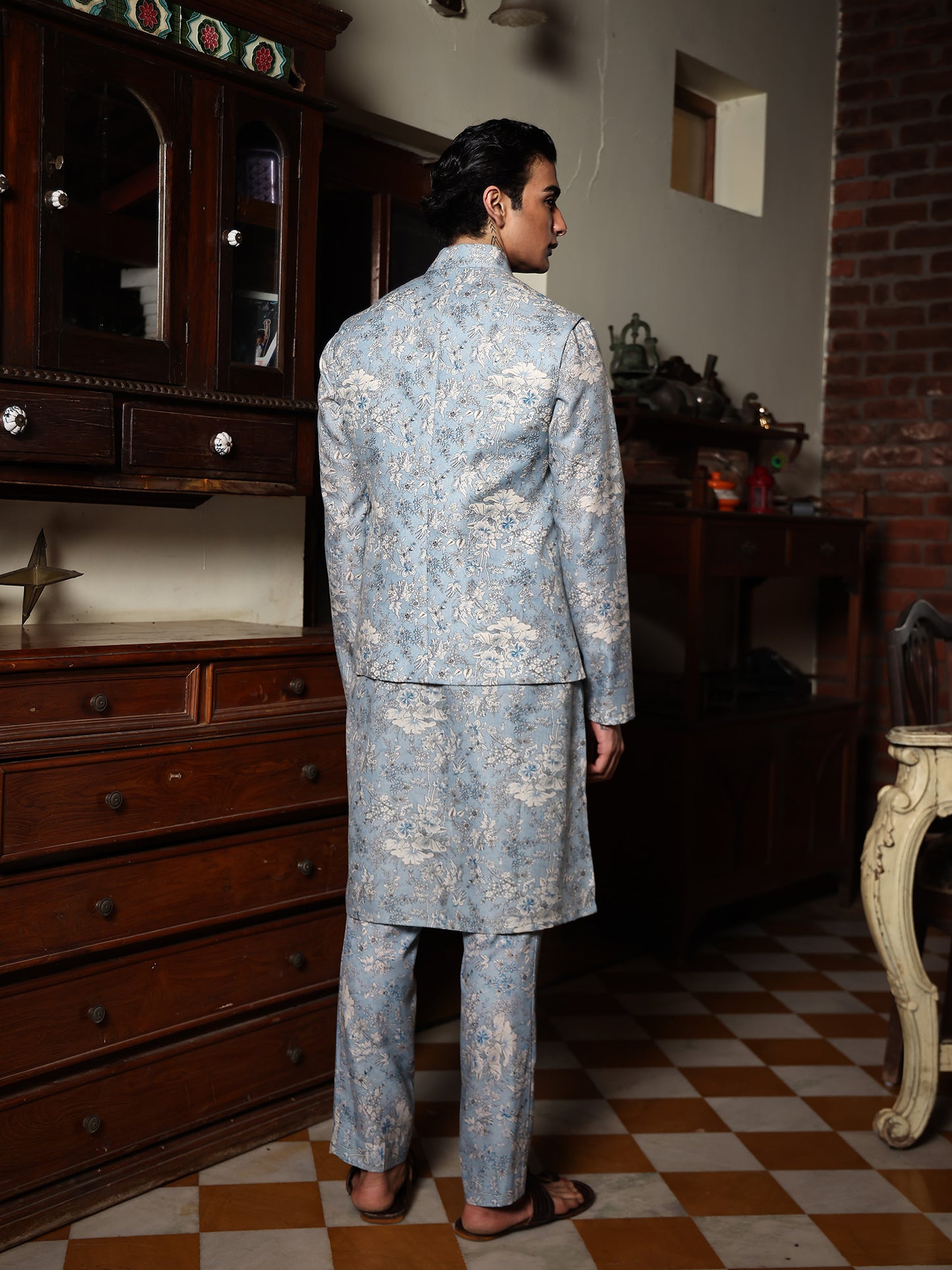 Shyamal Powder Blue Printed Cotton Bundi Set