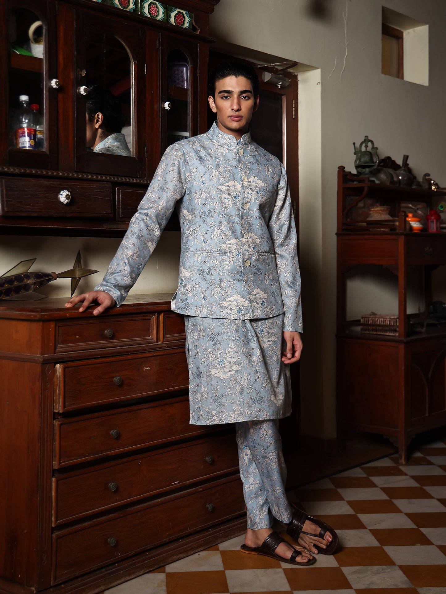 Shyamal Powder Blue Printed Cotton Bundi Set