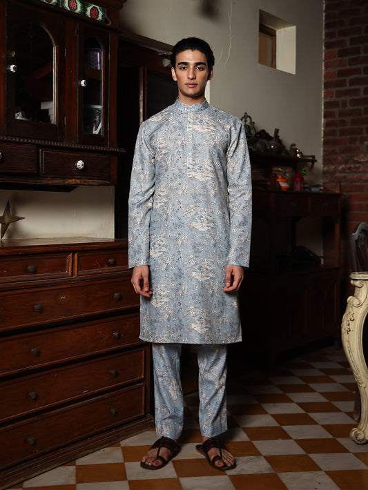 Kian Powder Blue Printed Cotton Blend Kurta
