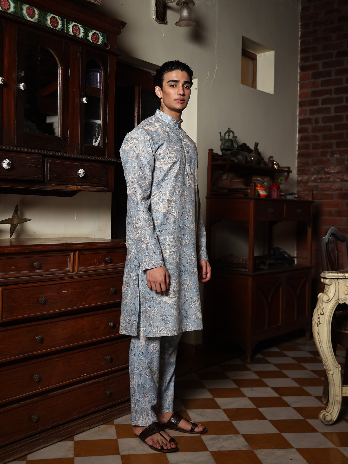 Kian Powder Blue Printed Cotton Blend Kurta Set
