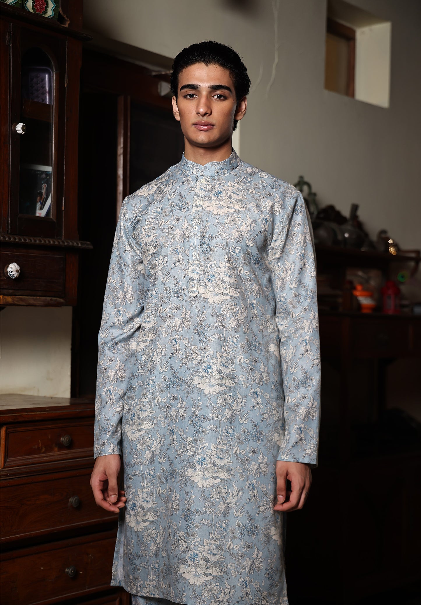 Kian Powder Blue Printed Cotton Blend Kurta Set