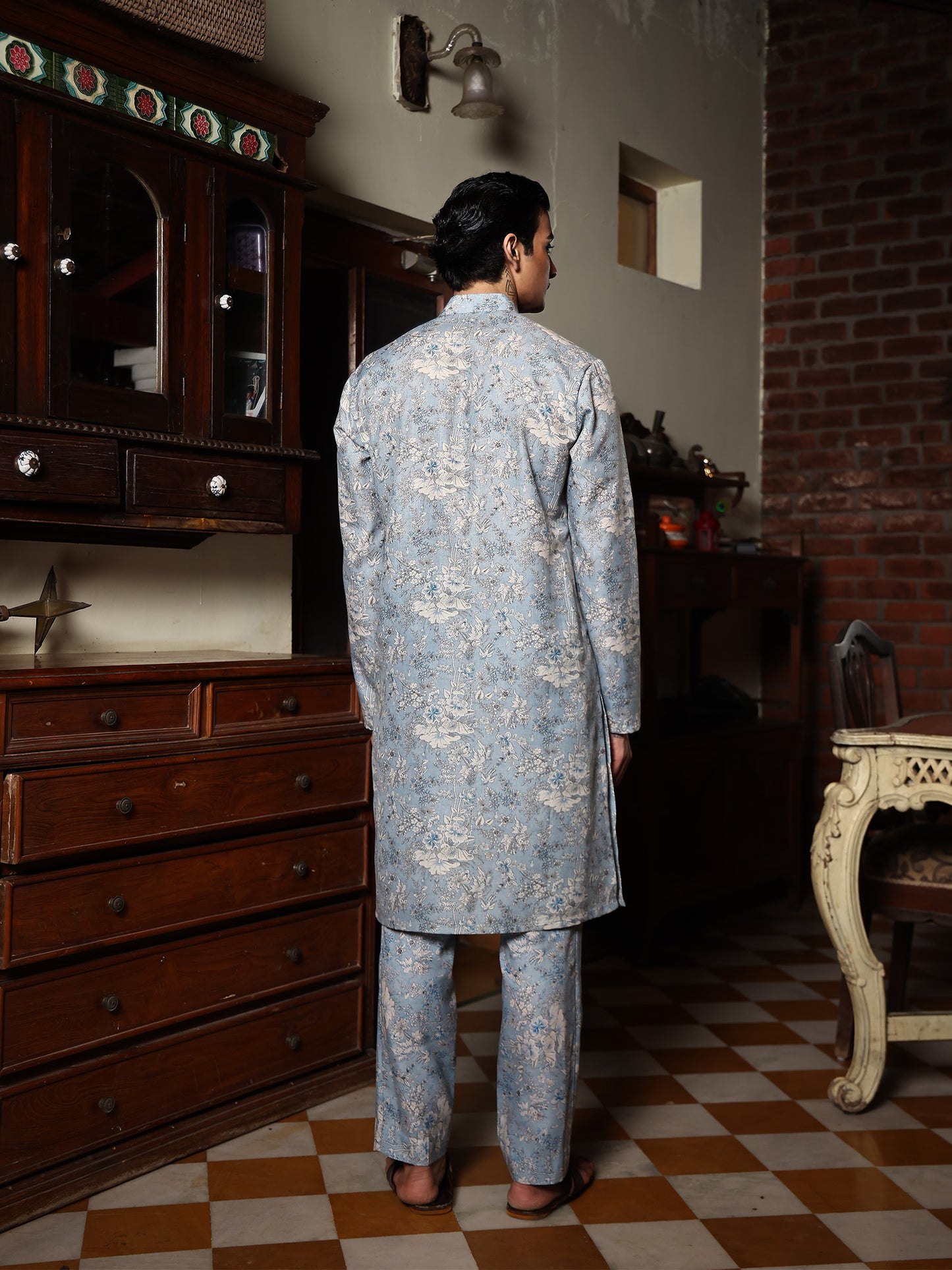Kian Powder Blue Printed Cotton Blend Kurta Set