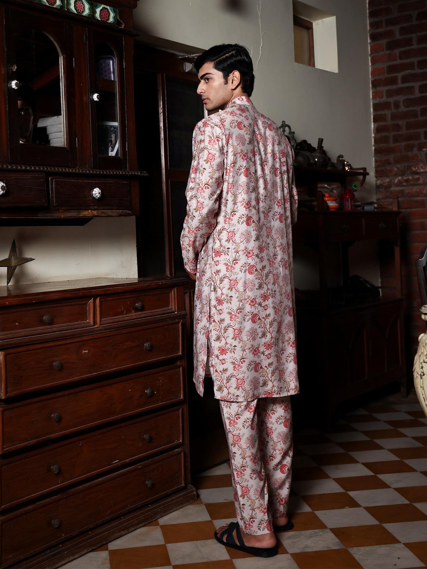 Vishruth Light Pink Printed Chanderi Kurta Set