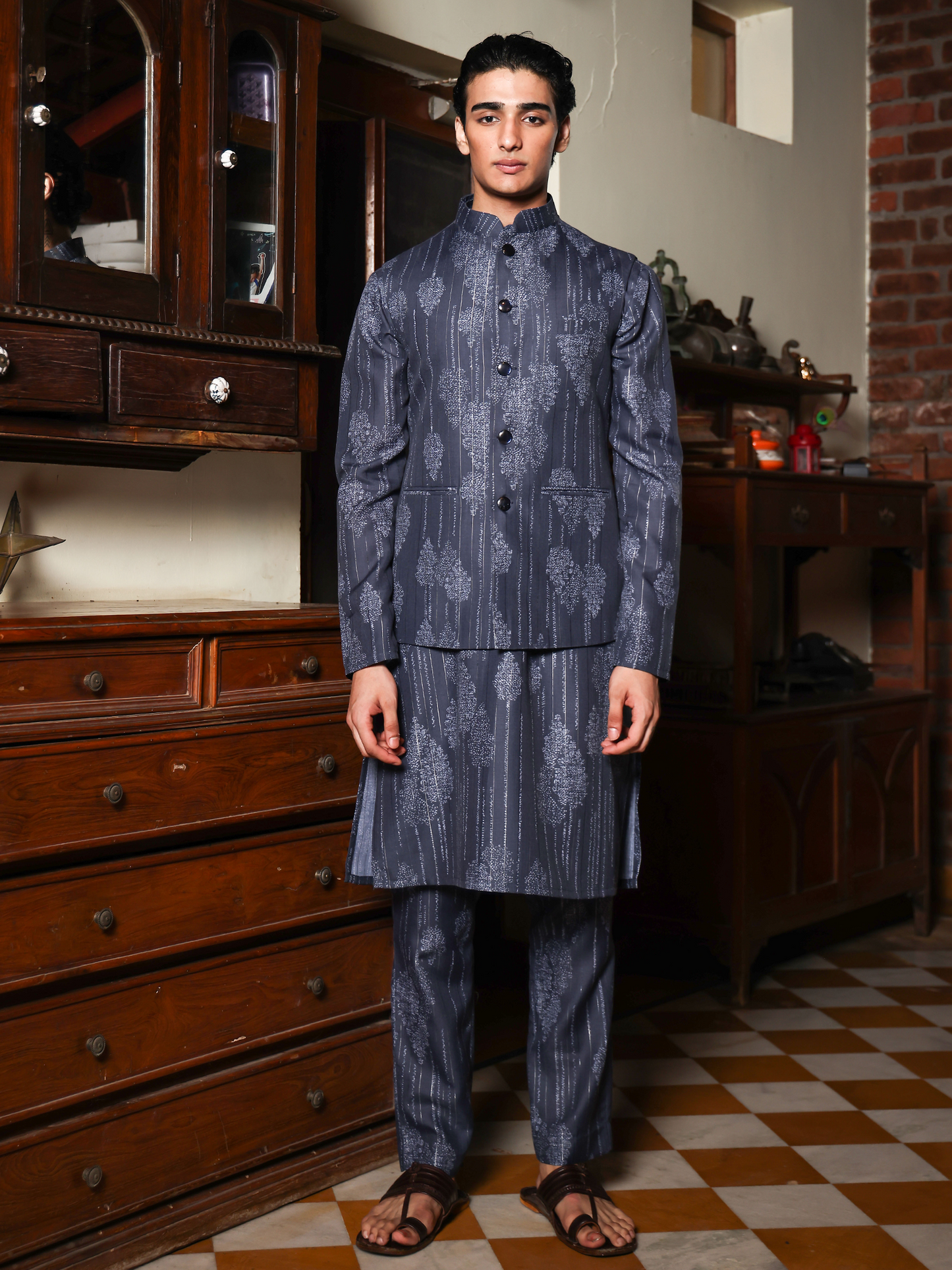 Siva Blue Printed Cotton Blend Bundi Set