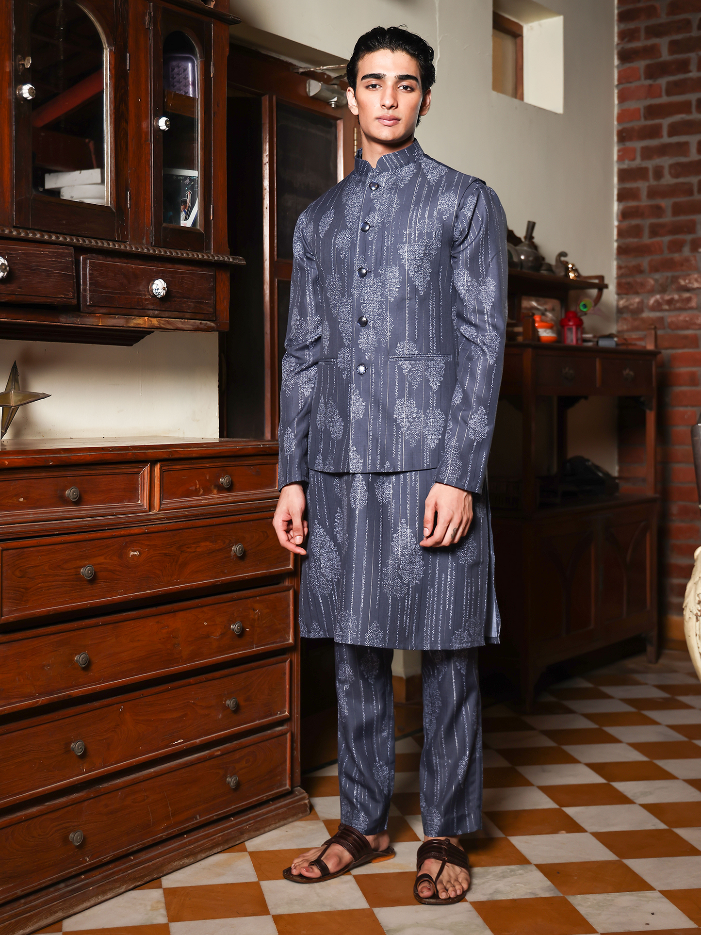 Siva Blue Printed Cotton Blend Bundi Set