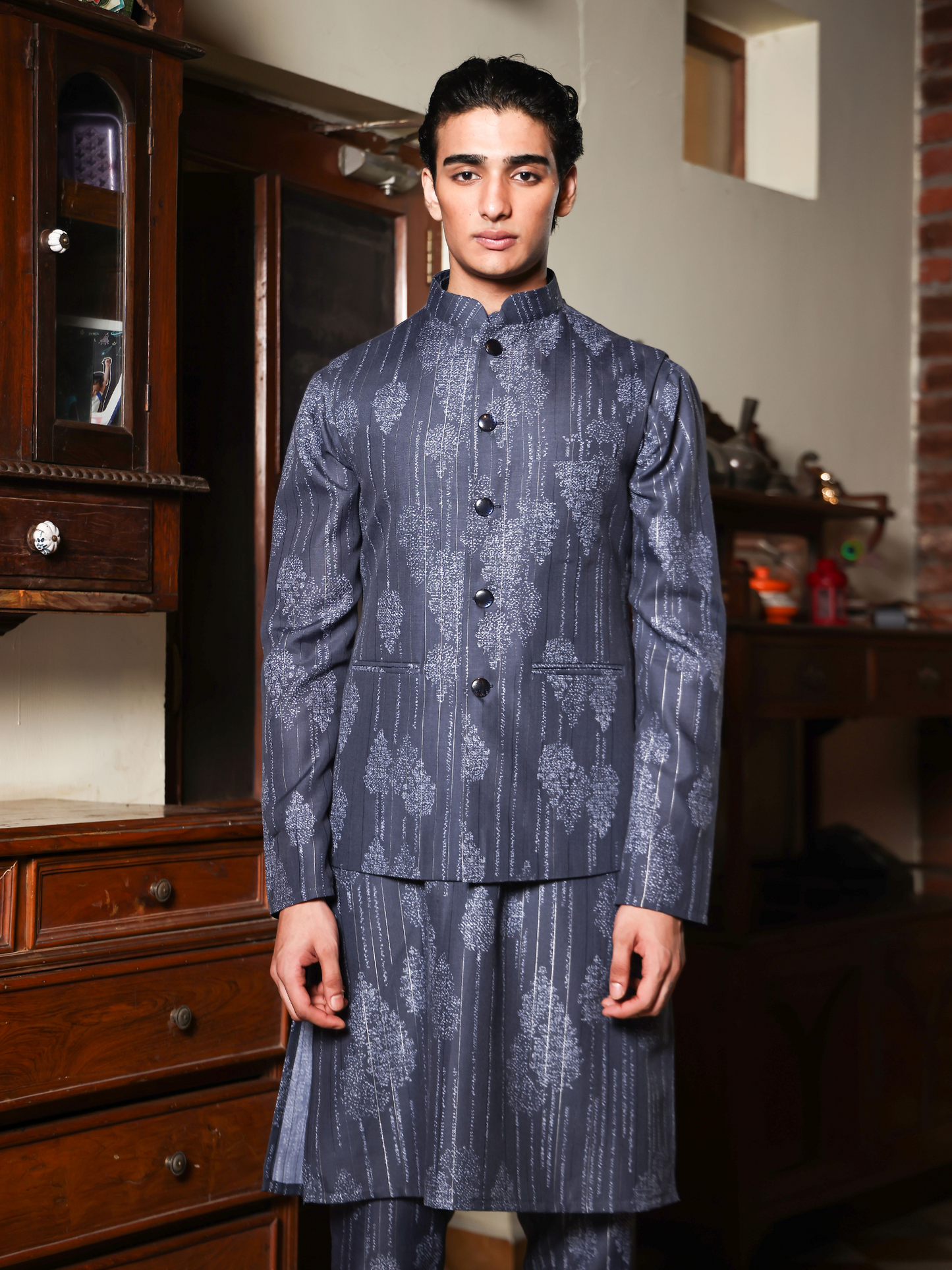 Siva Blue Printed Cotton Blend Bundi Set