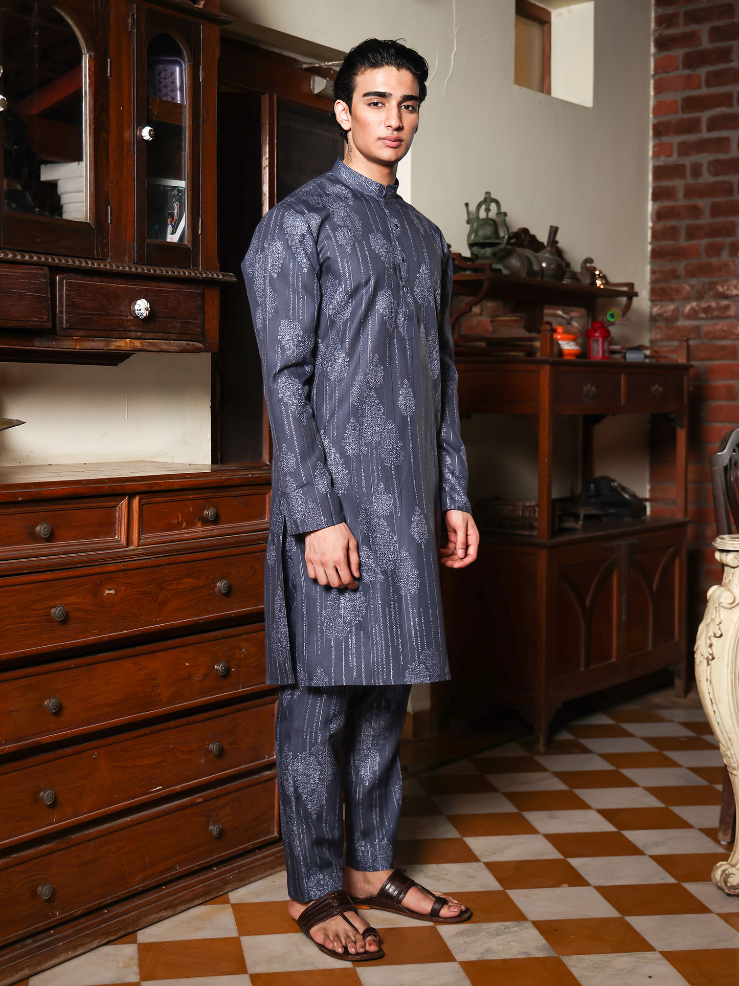 Kuwar Blue Printed Cotton Blend Kurta Set