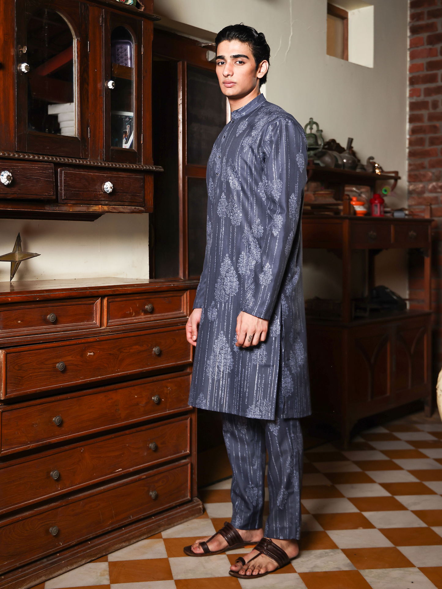 Kuwar Blue Printed Cotton Blend Kurta Set