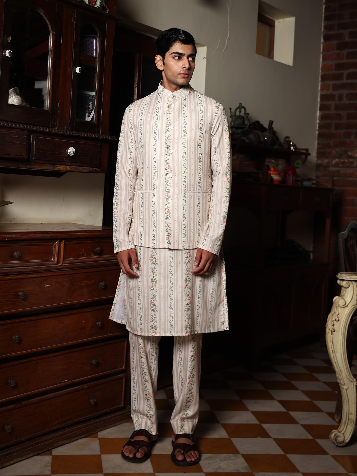 Natwar Sage Green Printed Cotton Bundi