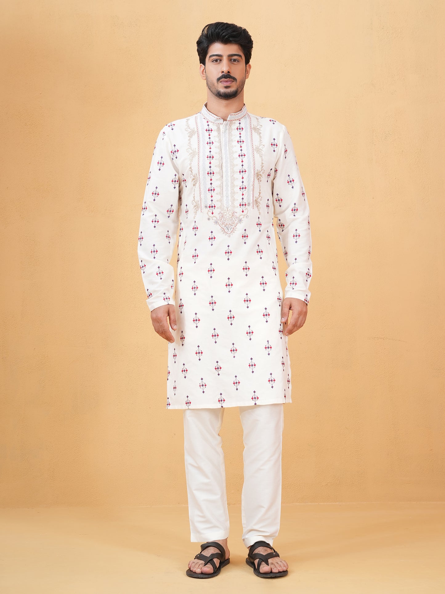 Tanvith Ivory Embroidered Katan Kurta Set