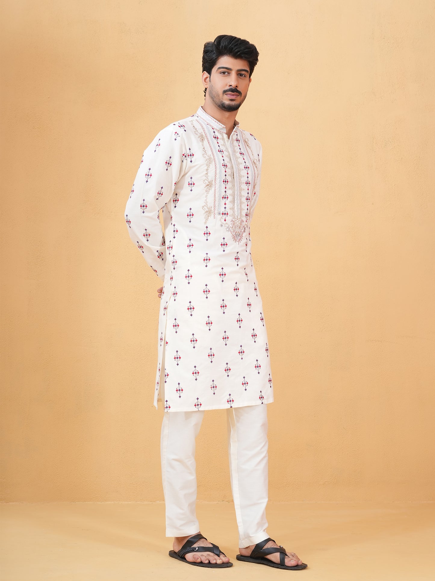 Tanvith Ivory Embroidered Katan Kurta Set