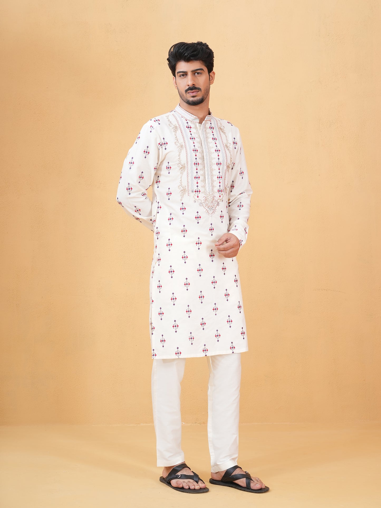 Tanvith Ivory Embroidered Katan Kurta Set