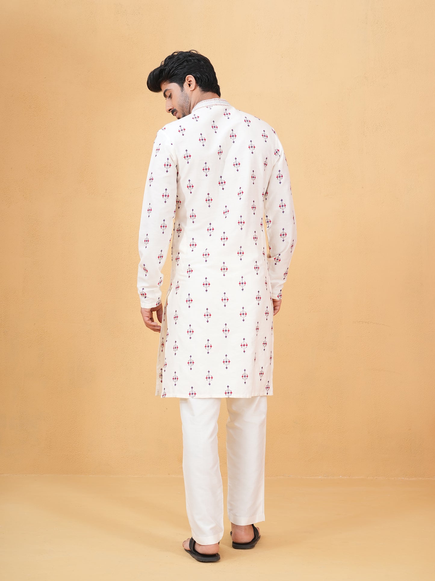 Tanvith Ivory Embroidered Katan Kurta Set