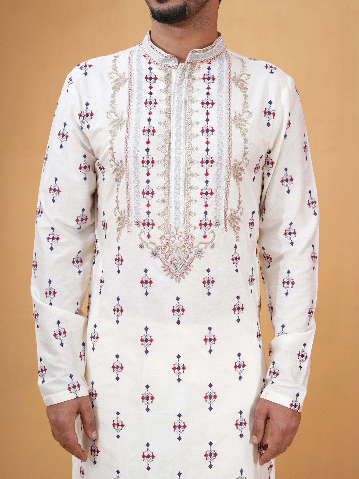 Tanvith Ivory Embroidered Katan Kurta Set