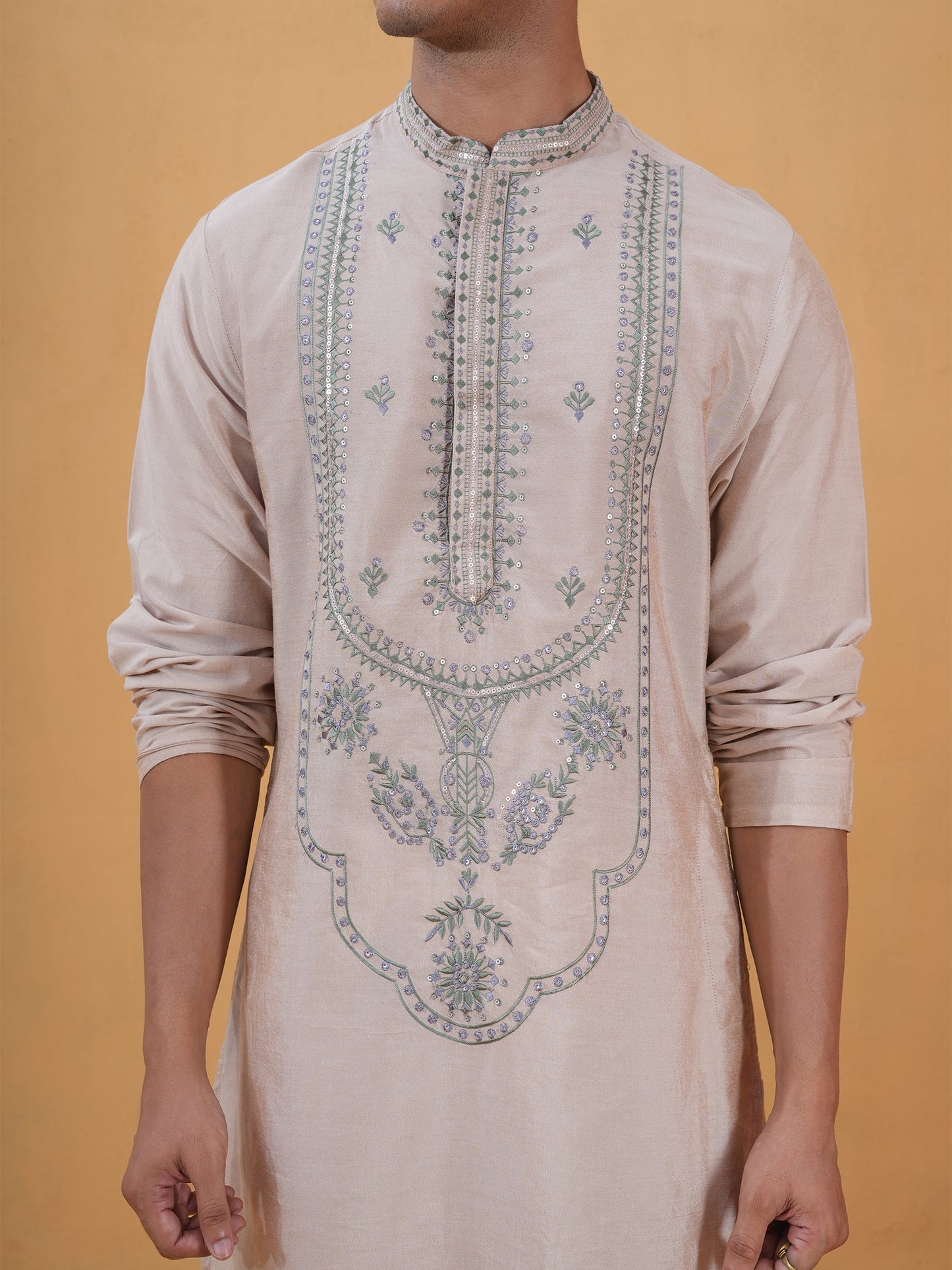 Saad Peach Embroidered Katan Kurta Set