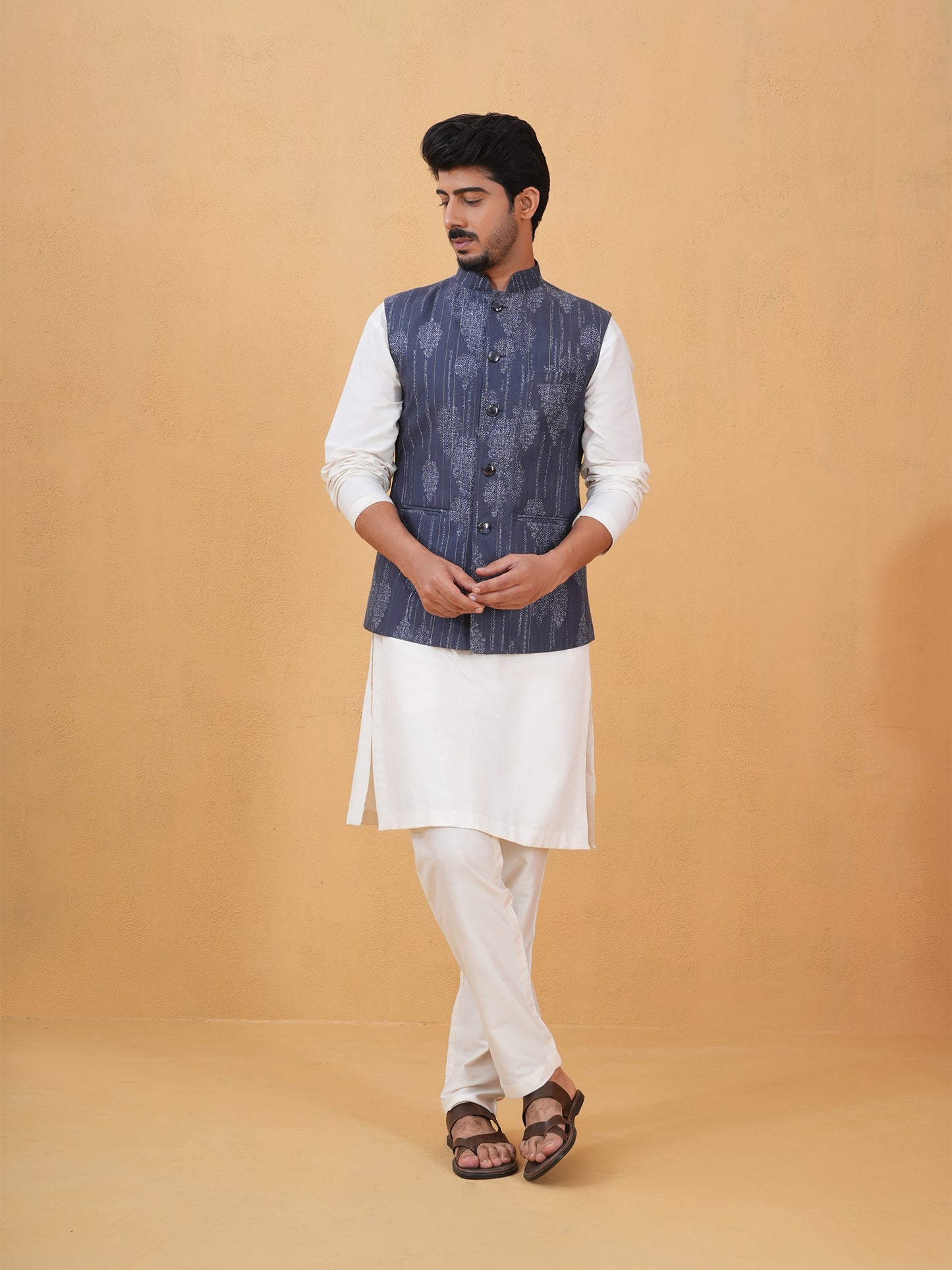 Siva Blue Printed Cotton Blend Bundi Set