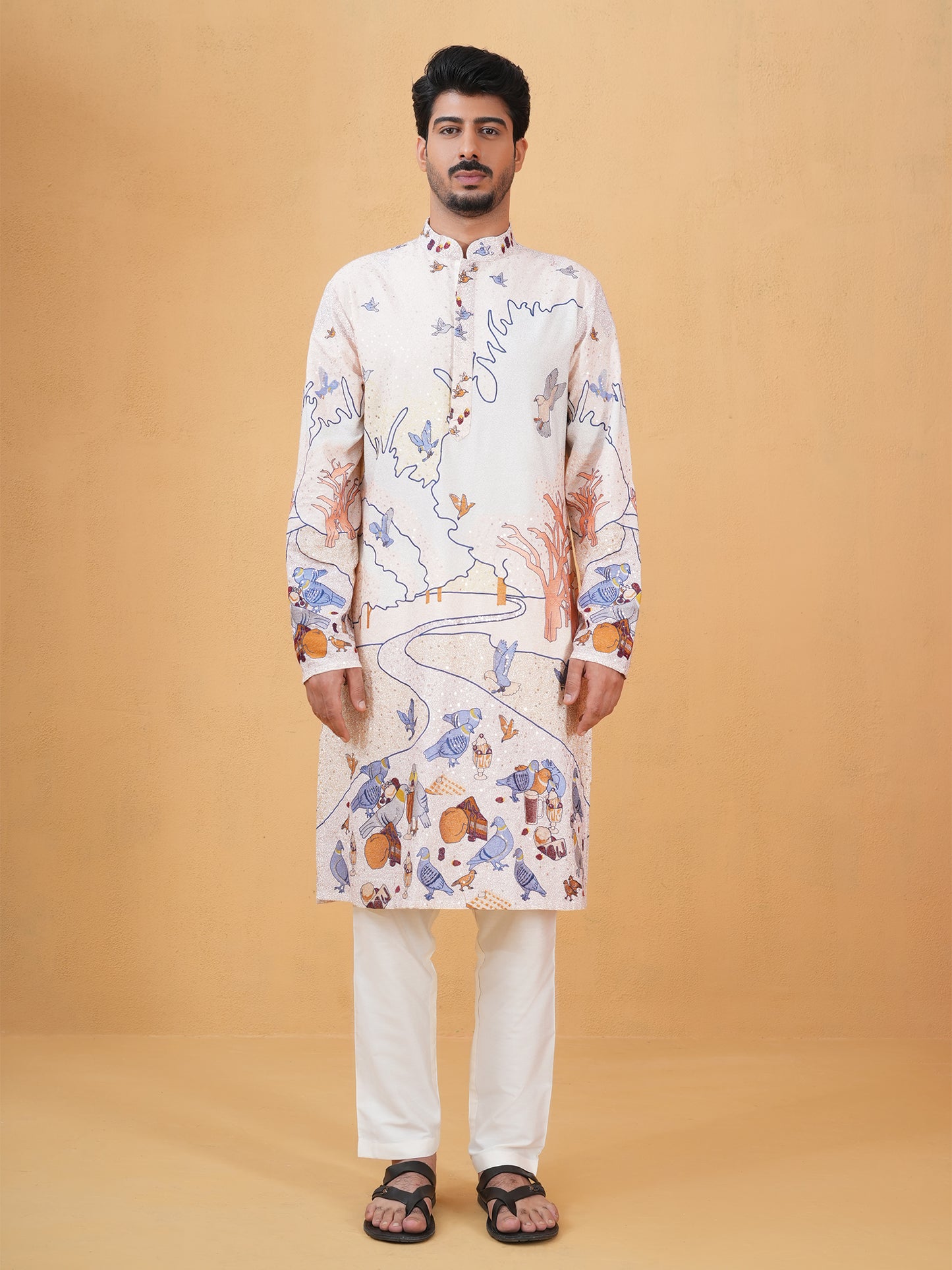 Dhrutvi Ivory Embroidered Katan Kurta Set