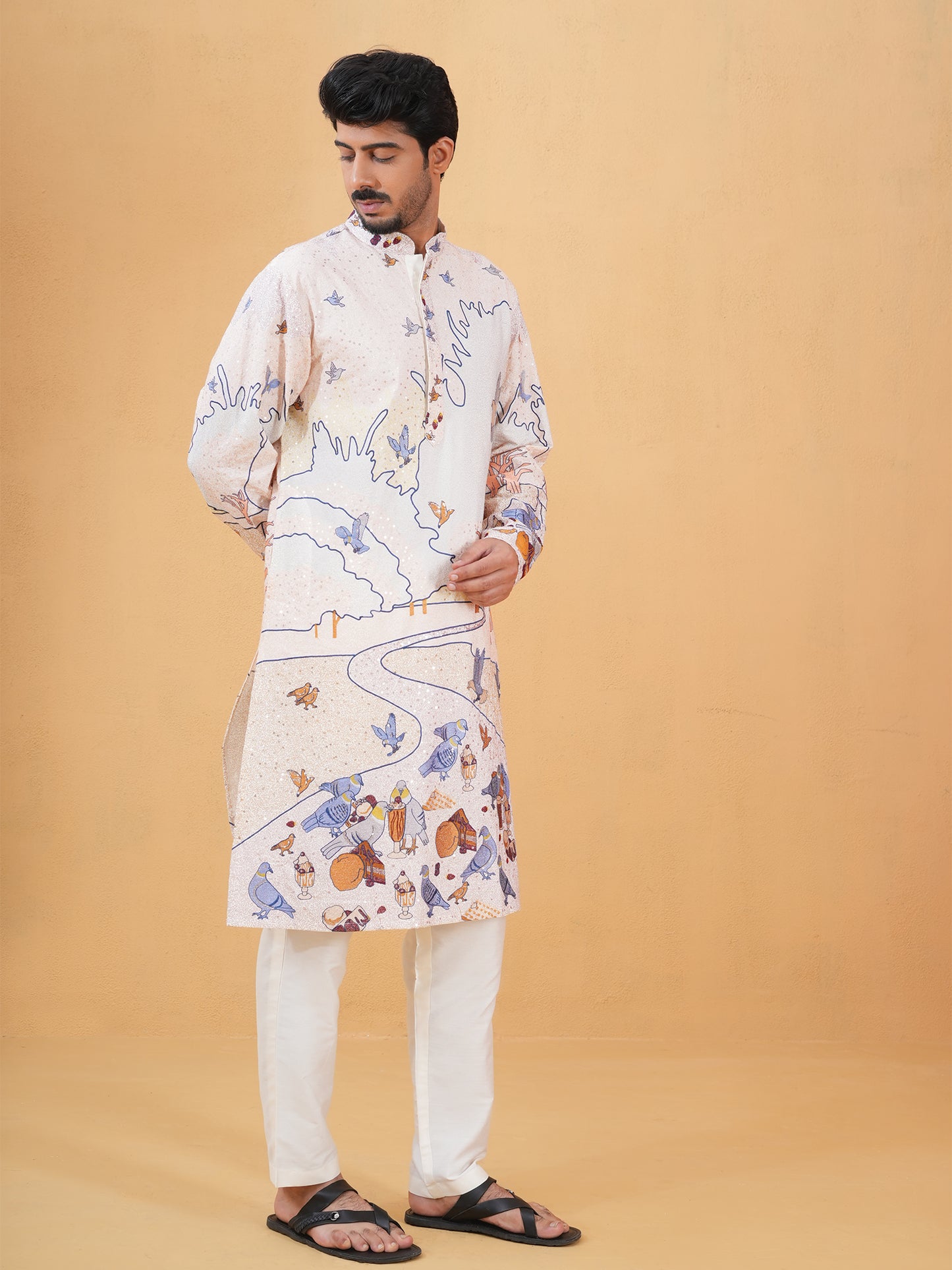 Dhrutvi Ivory Embroidered Katan Kurta Set