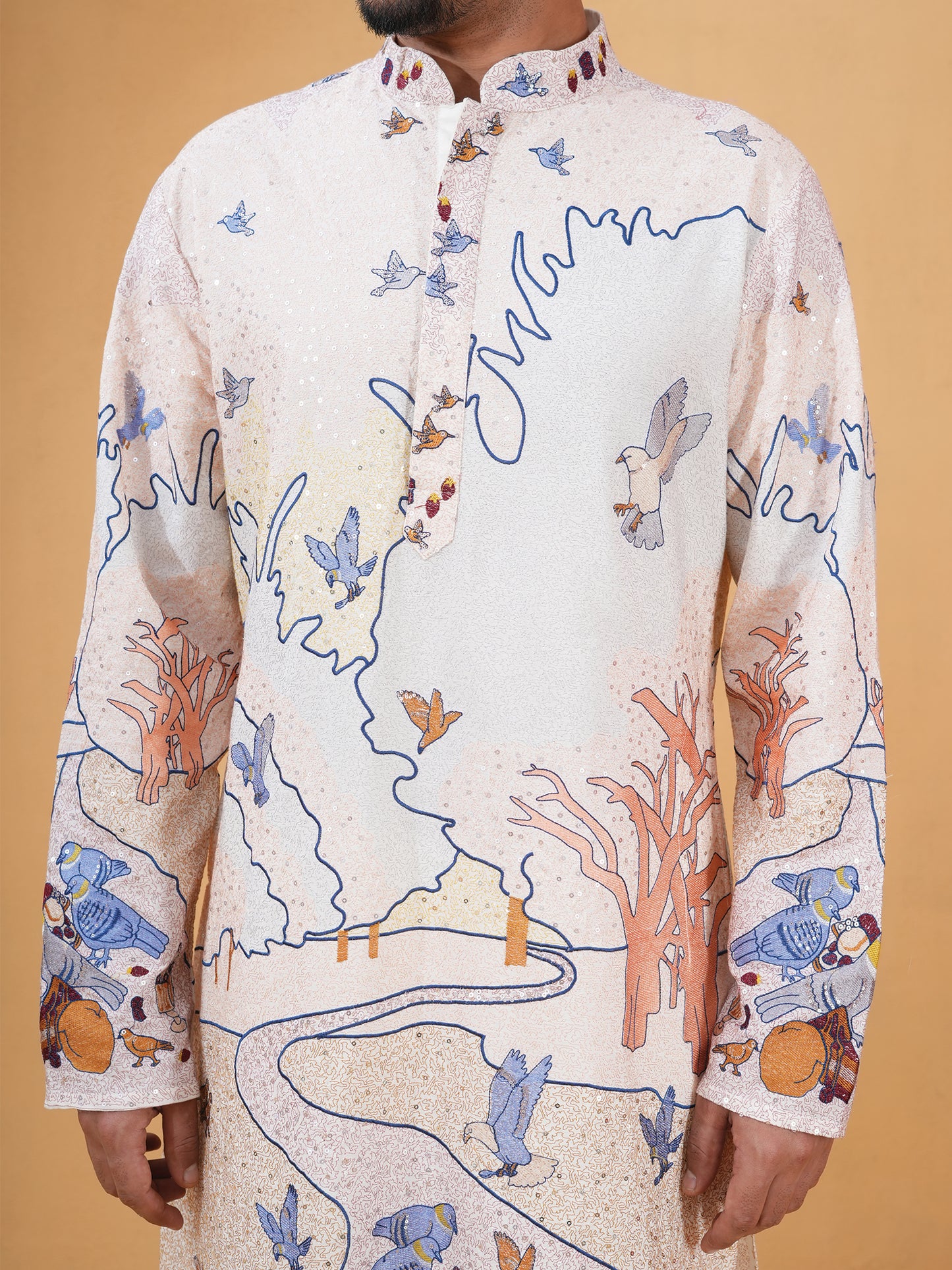 Dhrutvi Ivory Embroidered Katan Kurta Set