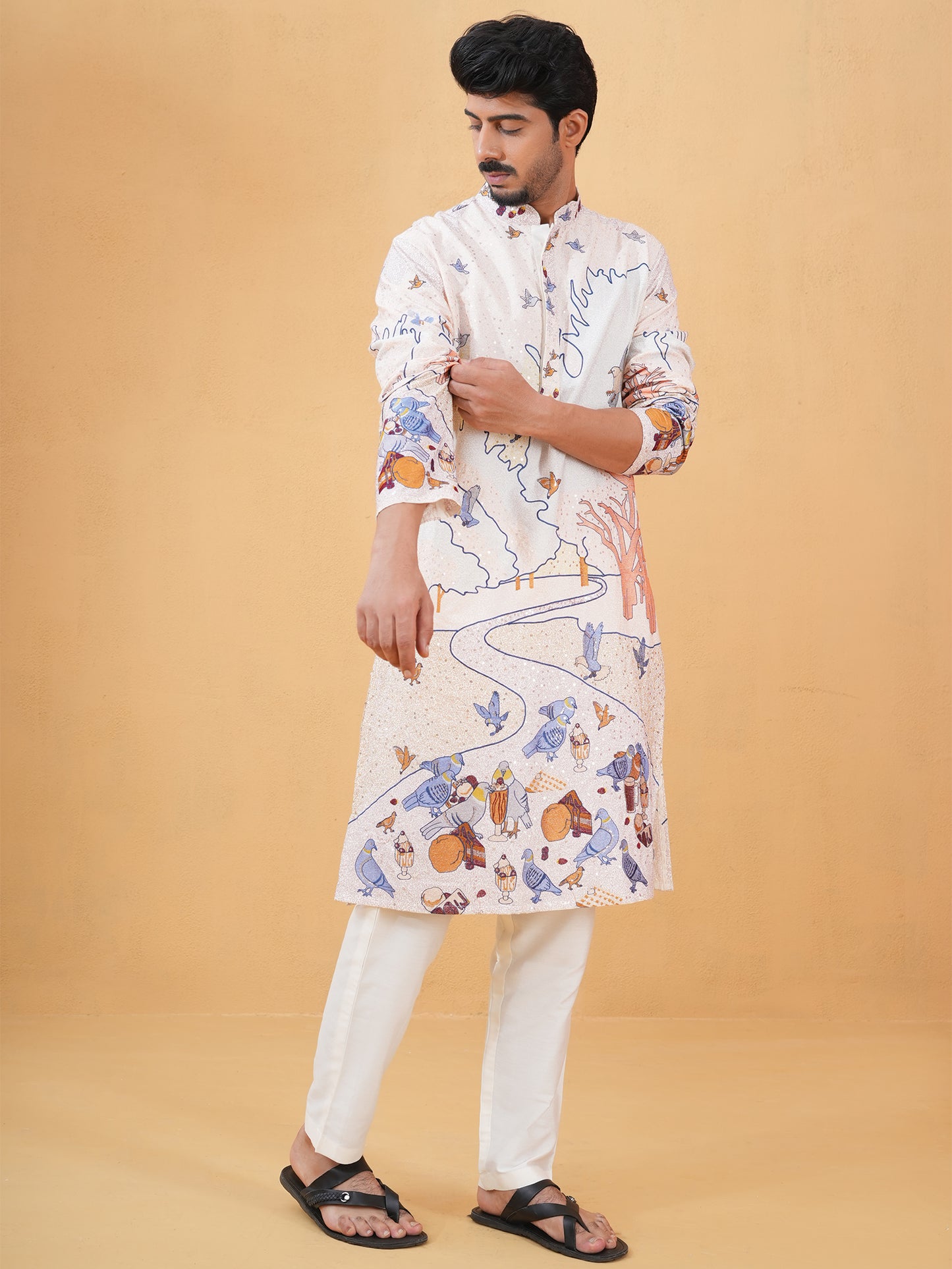 Dhrutvi Ivory Embroidered Katan Kurta Set