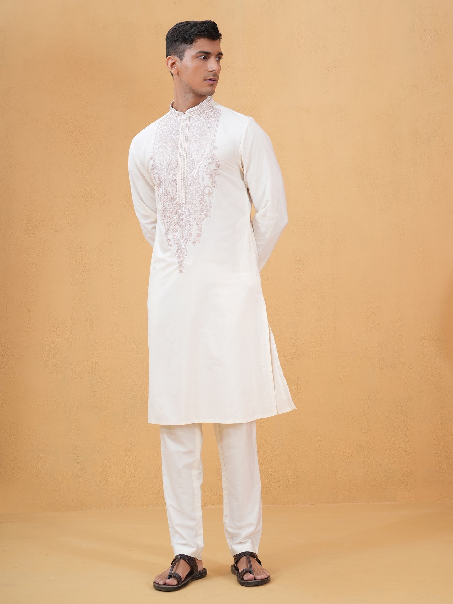 Shivang Ivory Embroidered Katan Kurta