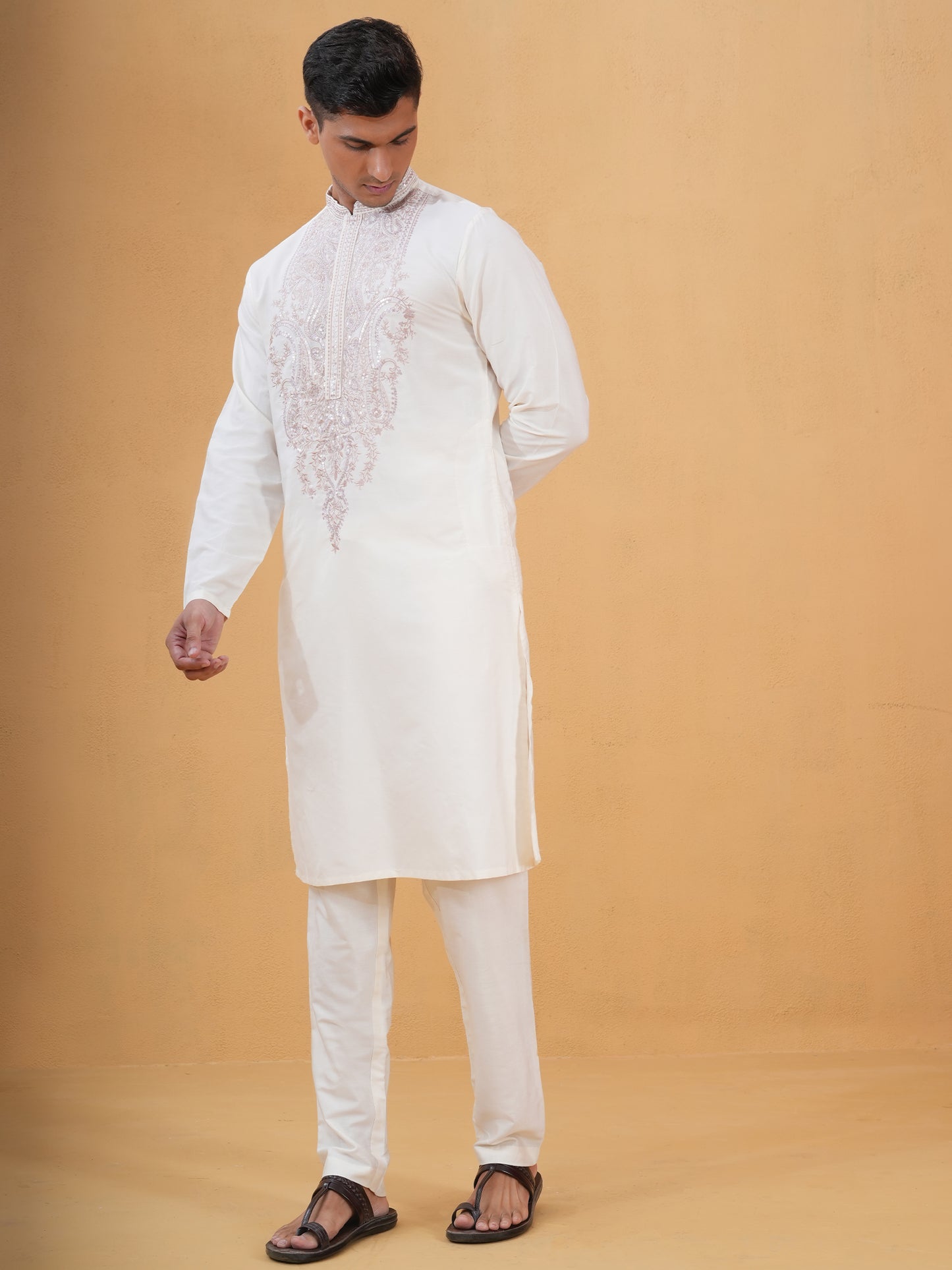 Shivang Ivory Embroidered Katan Kurta