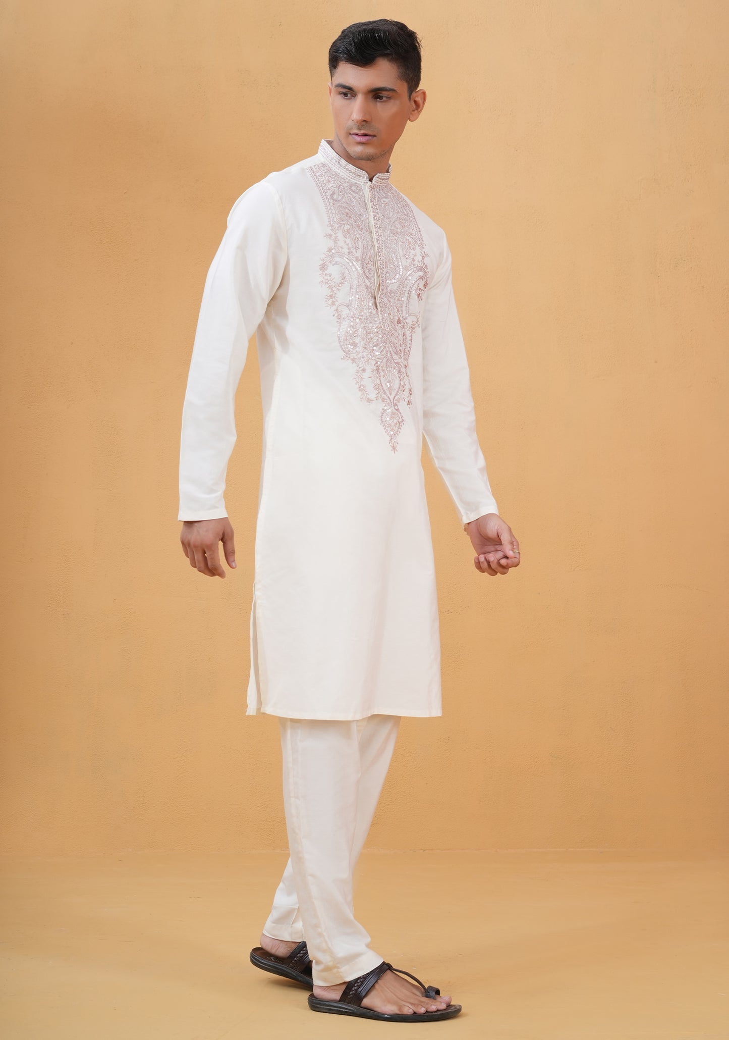 Shivang Ivory Embroidered Katan Kurta