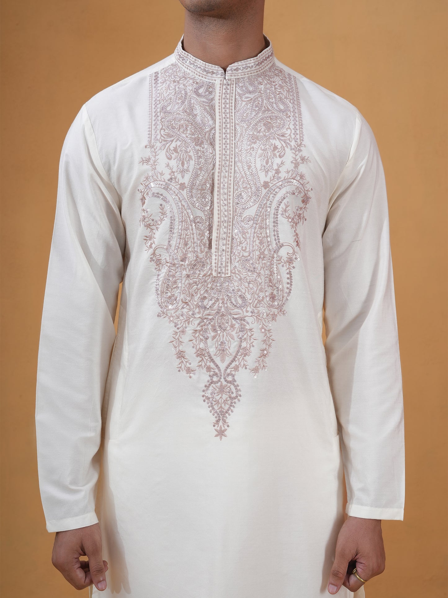 Shivang Ivory Embroidered Katan Kurta