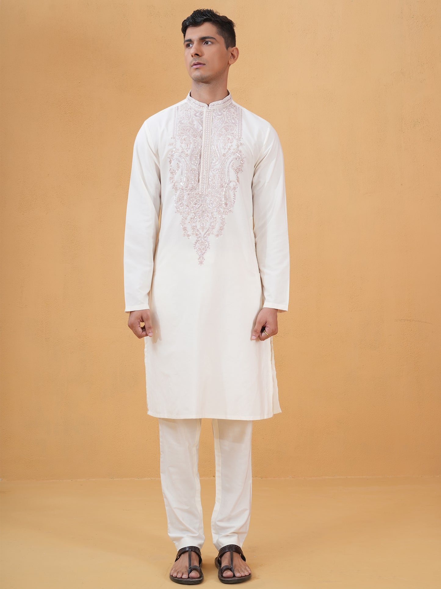 Shivang Ivory Embroidered Katan Kurta