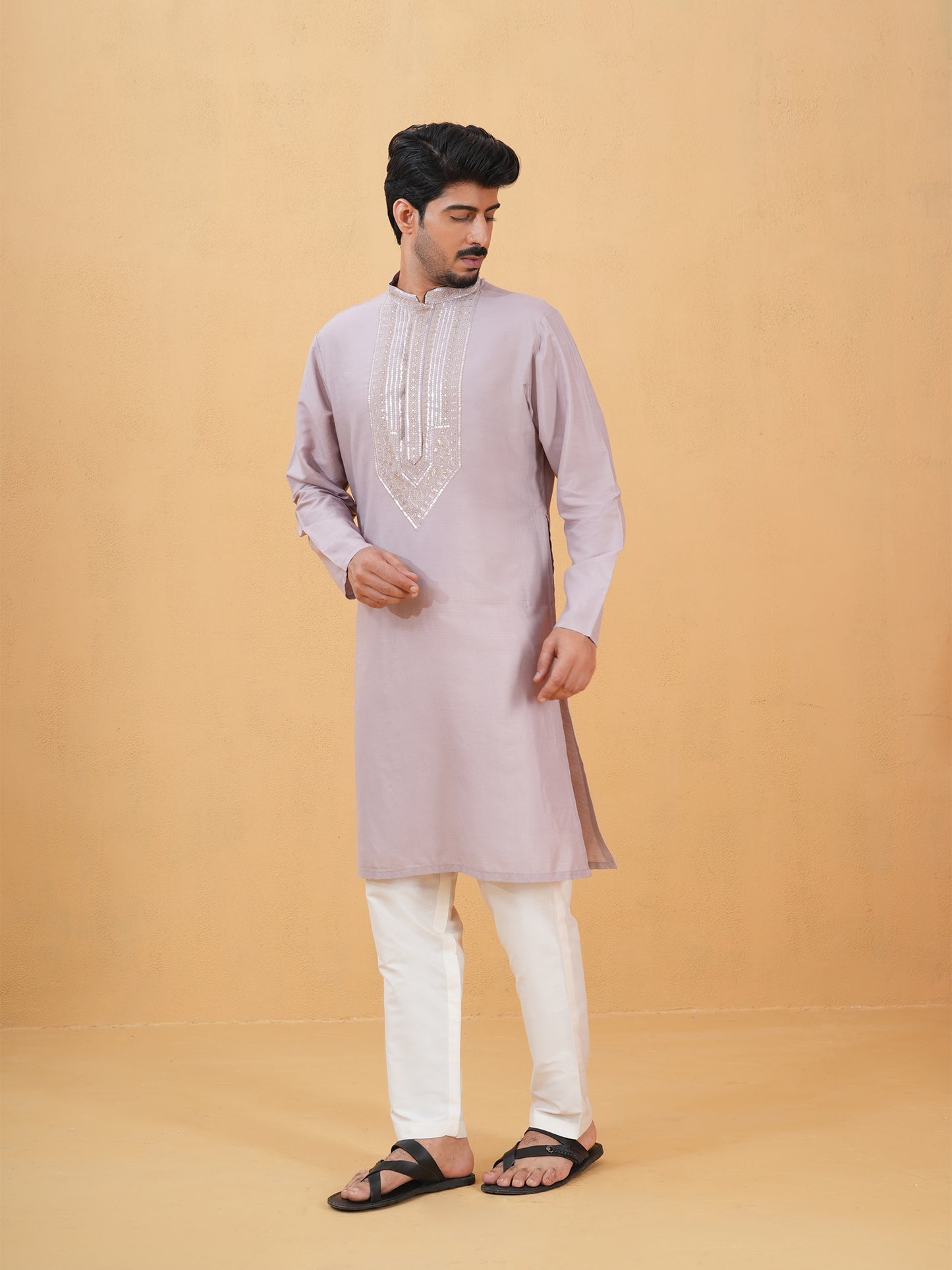 Shreen Mauve Embroidered Katan Kurta Set