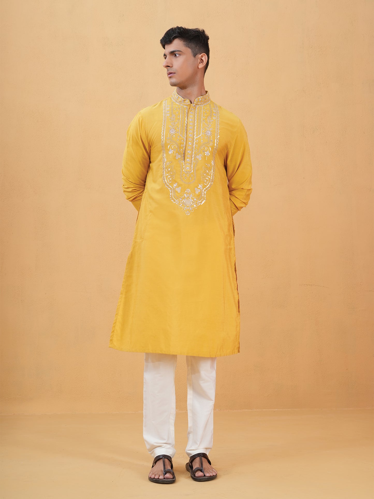 Nitigya Yellow Embroidered Katan Kurta Set