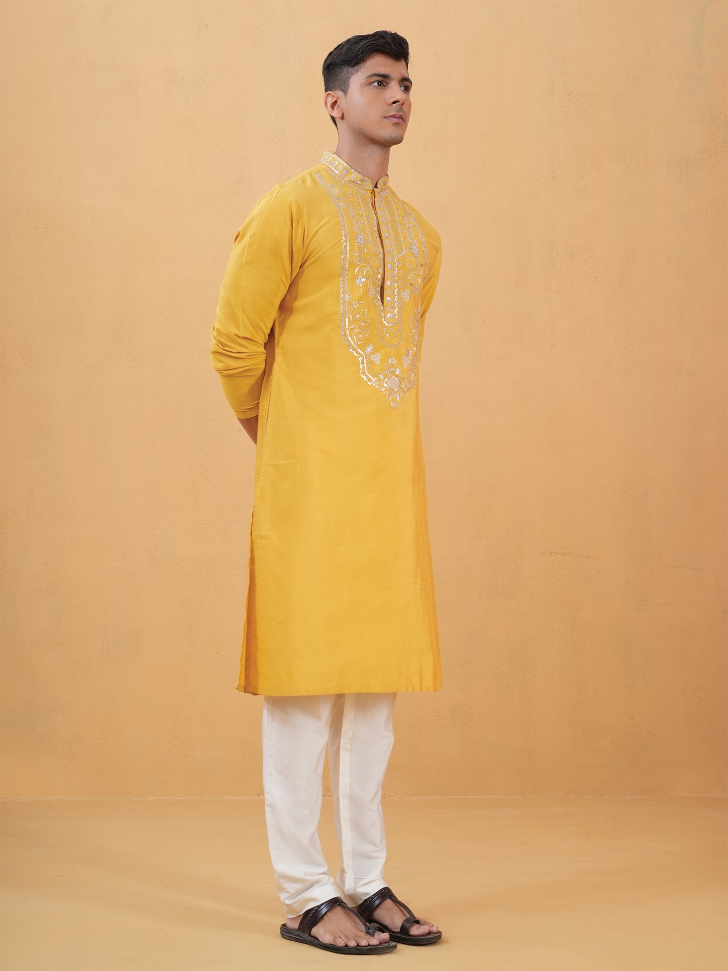 Nitigya Yellow Embroidered Katan Kurta Set