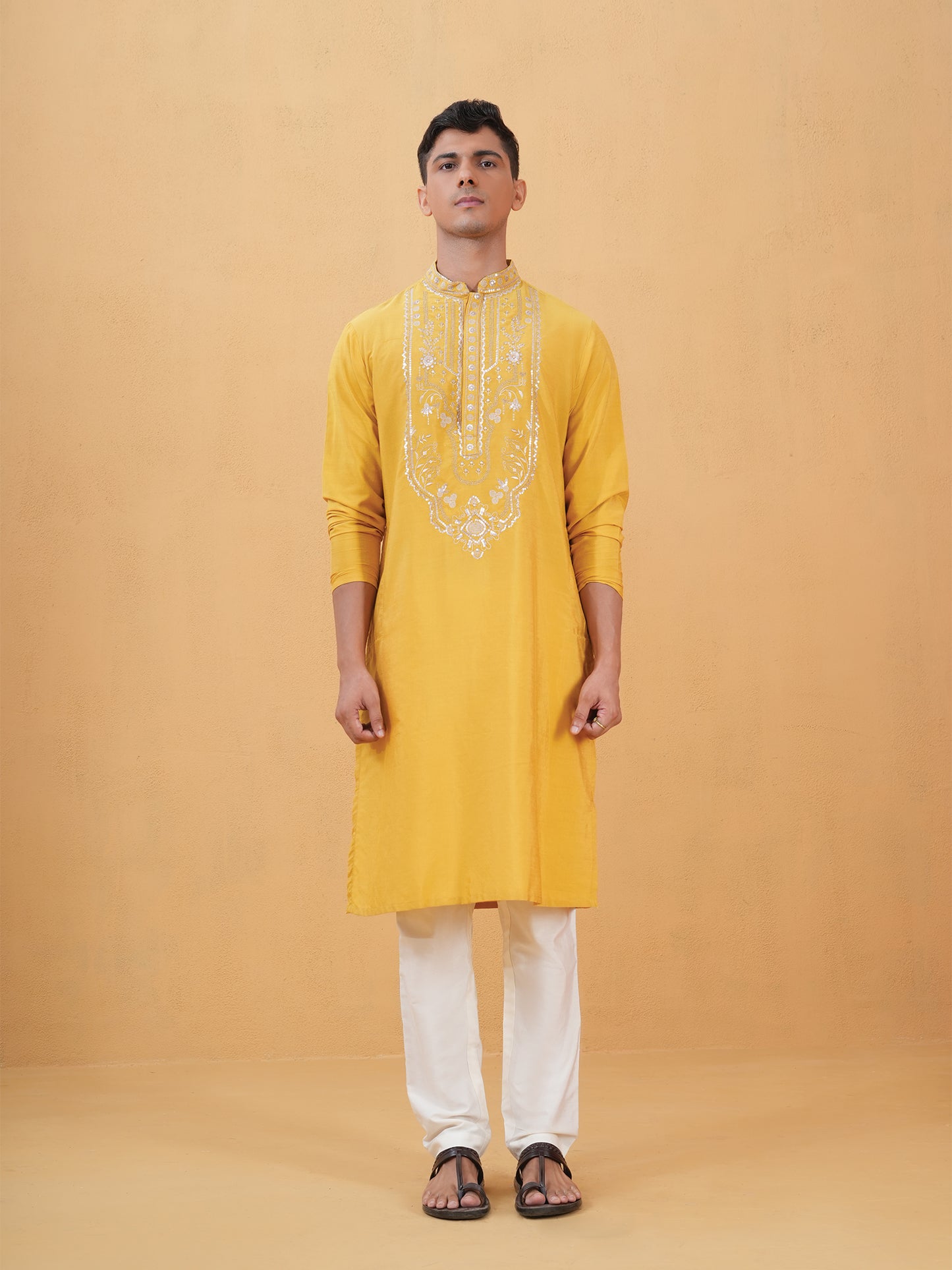 Nitigya Yellow Embroidered Katan Kurta Set