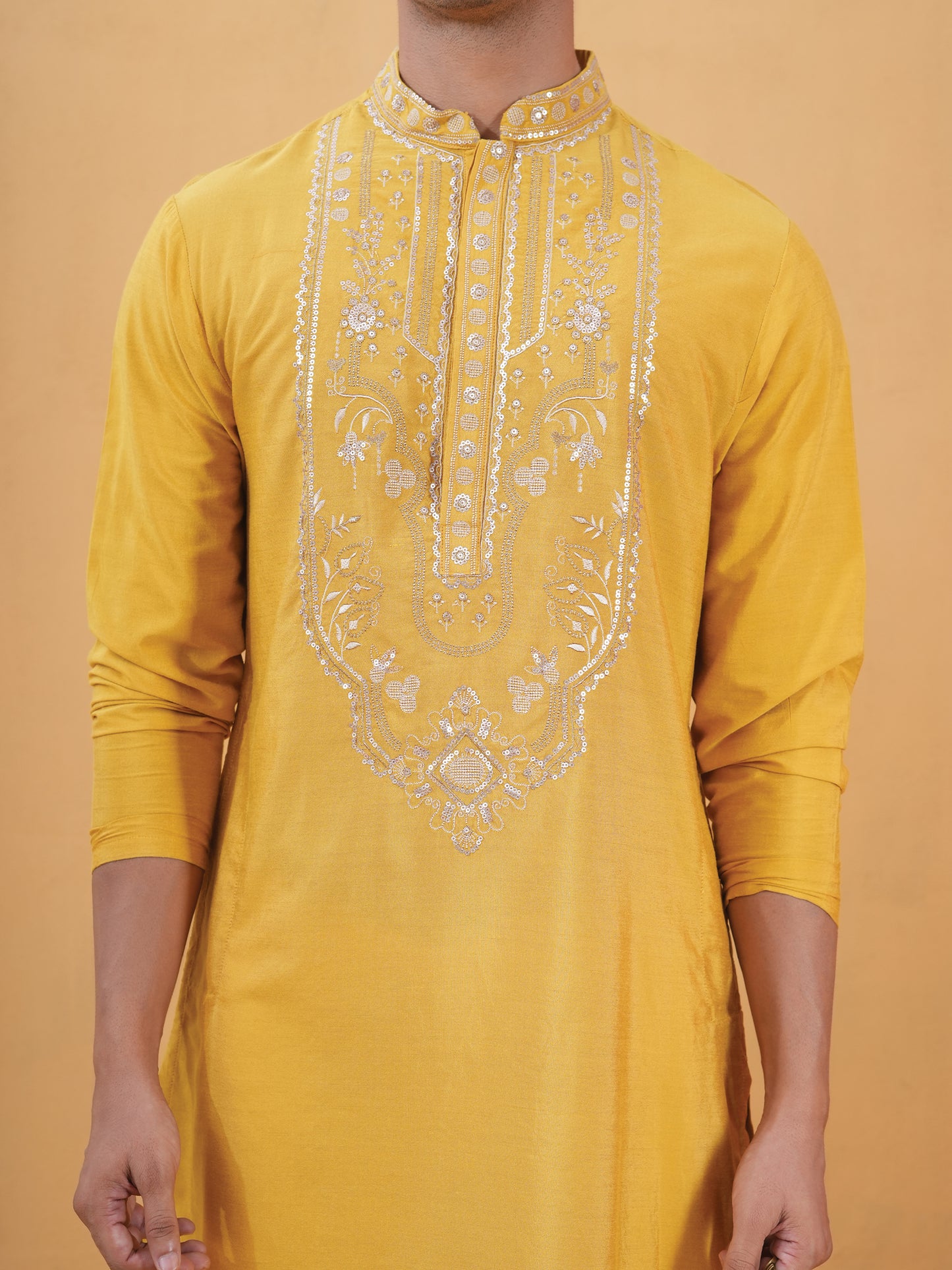 Nitigya Yellow Embroidered Katan Kurta Set