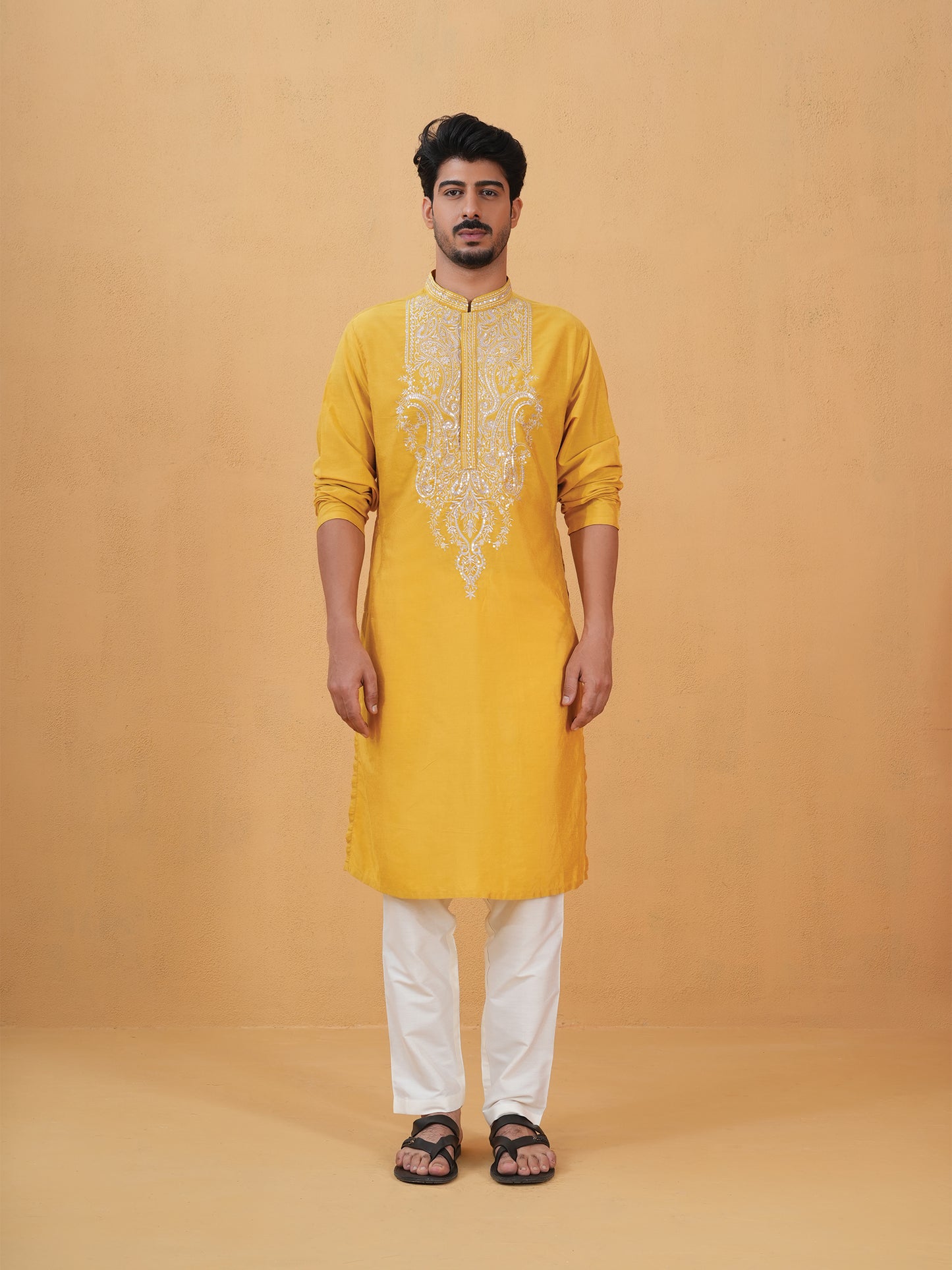 Shivang Yellow Embroidered Katan Kurta Set
