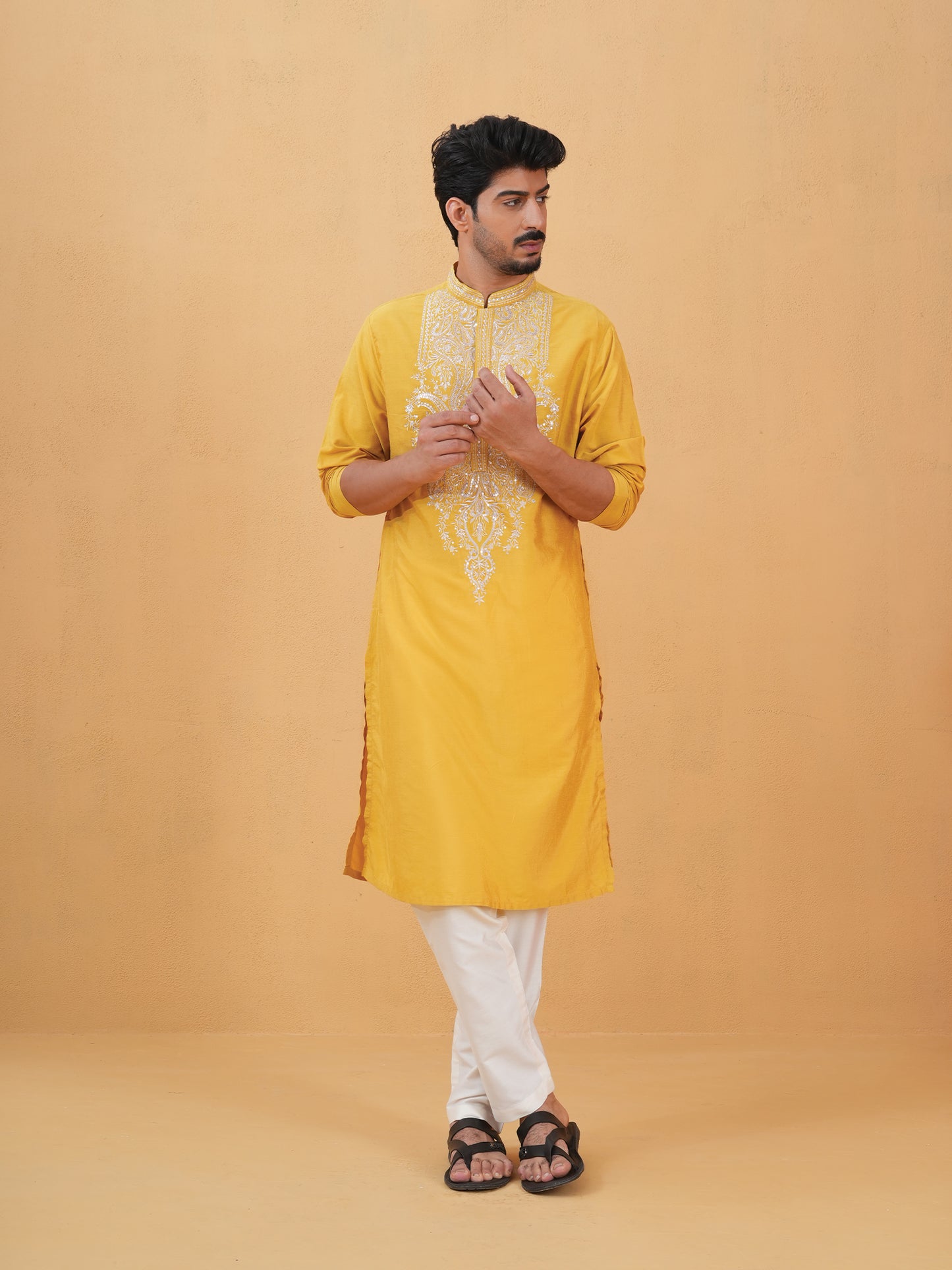 Shivang Yellow Embroidered Katan Kurta Set