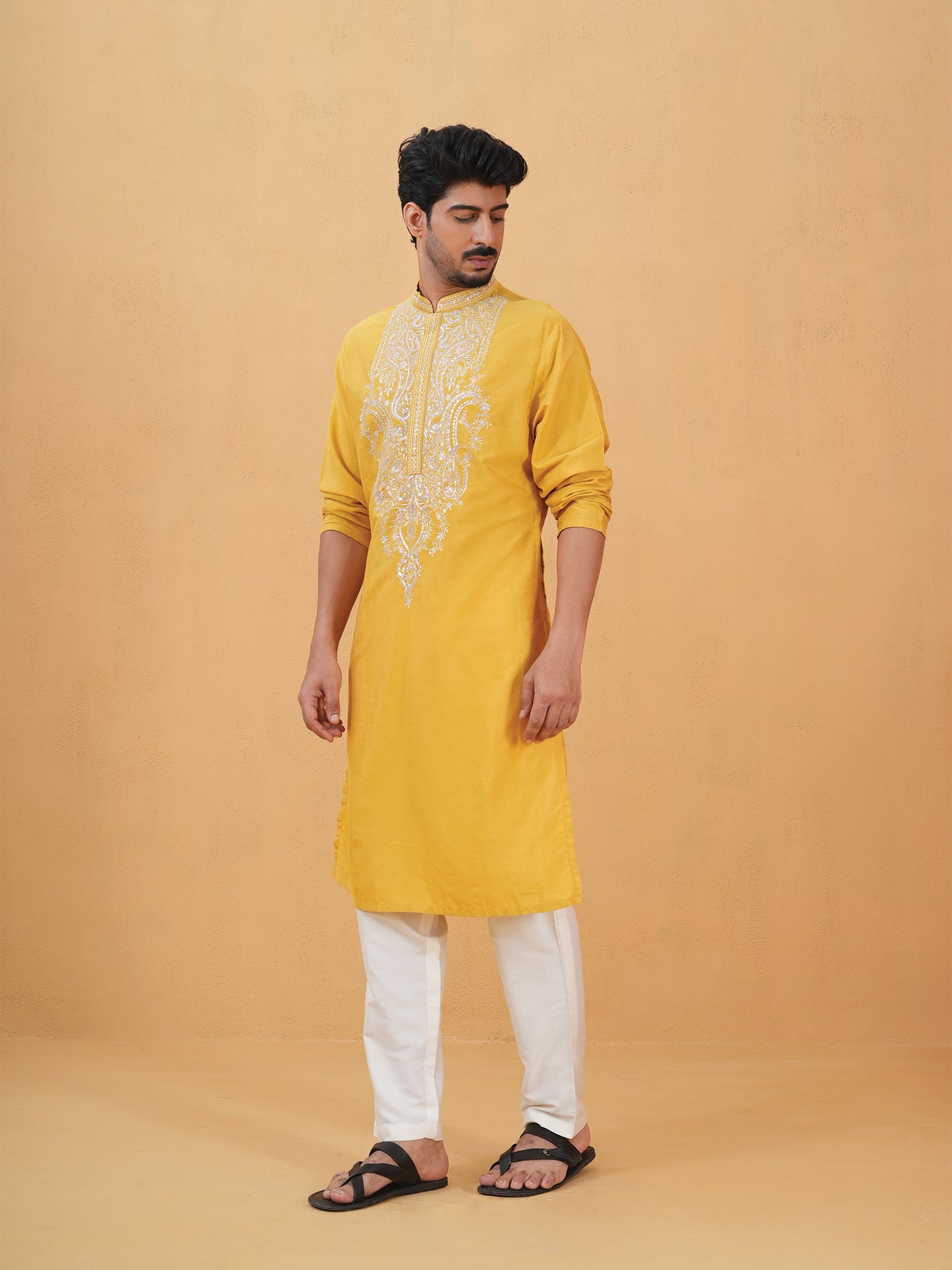 Shivang Yellow Embroidered Katan Kurta Set
