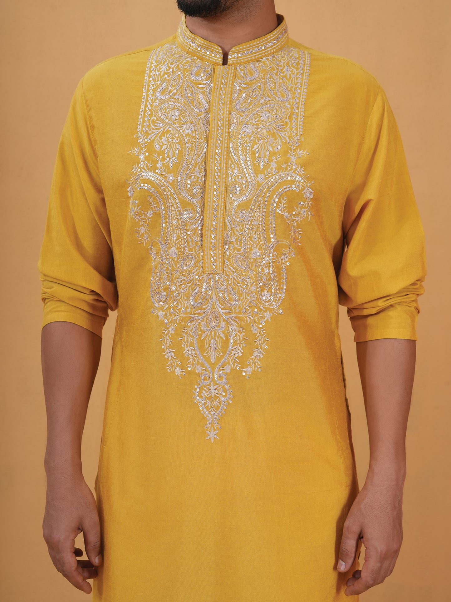 Shivang Yellow Embroidered Katan Kurta Set